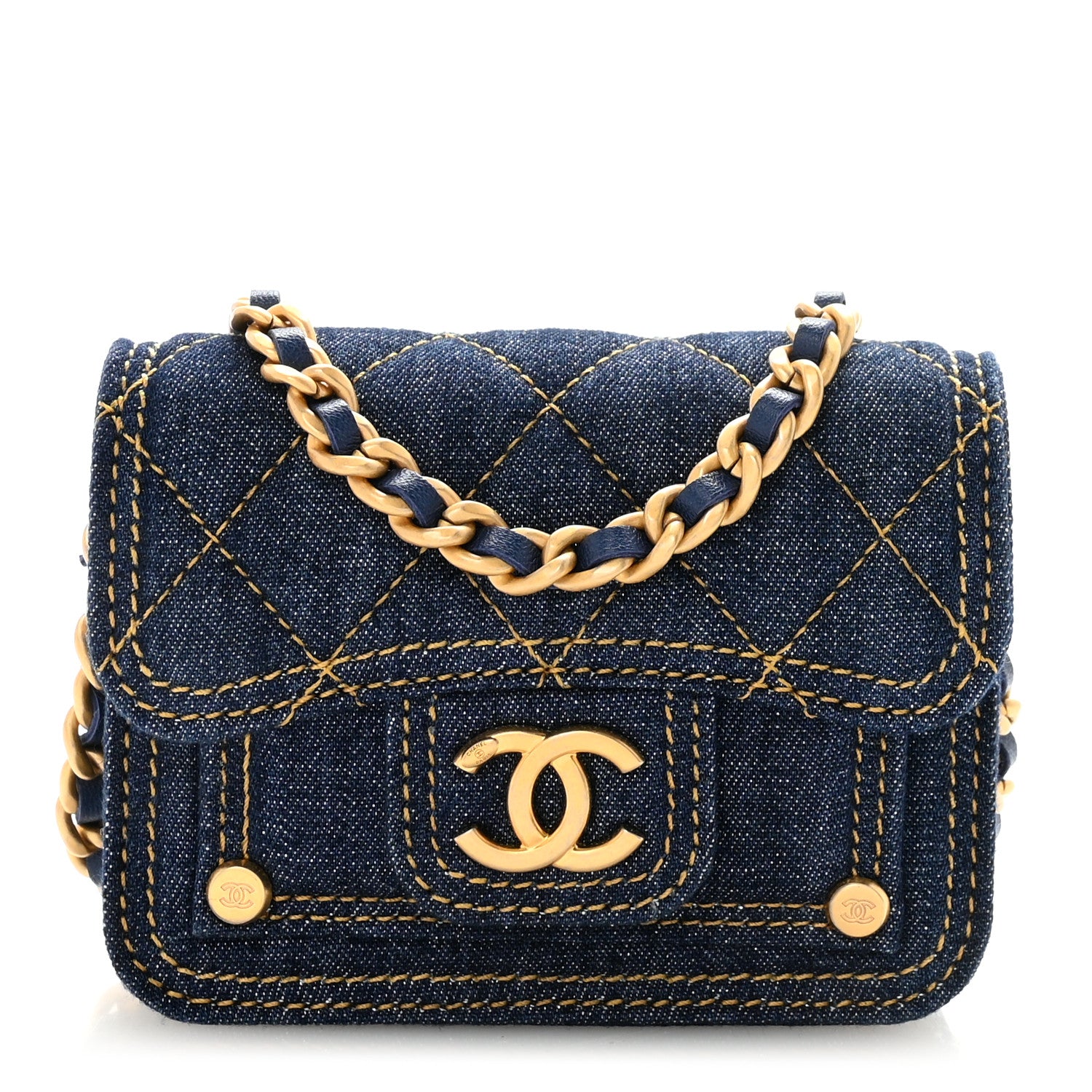 Chanel Denim Quilted Double You Card Holder On Chain Blue 1855748