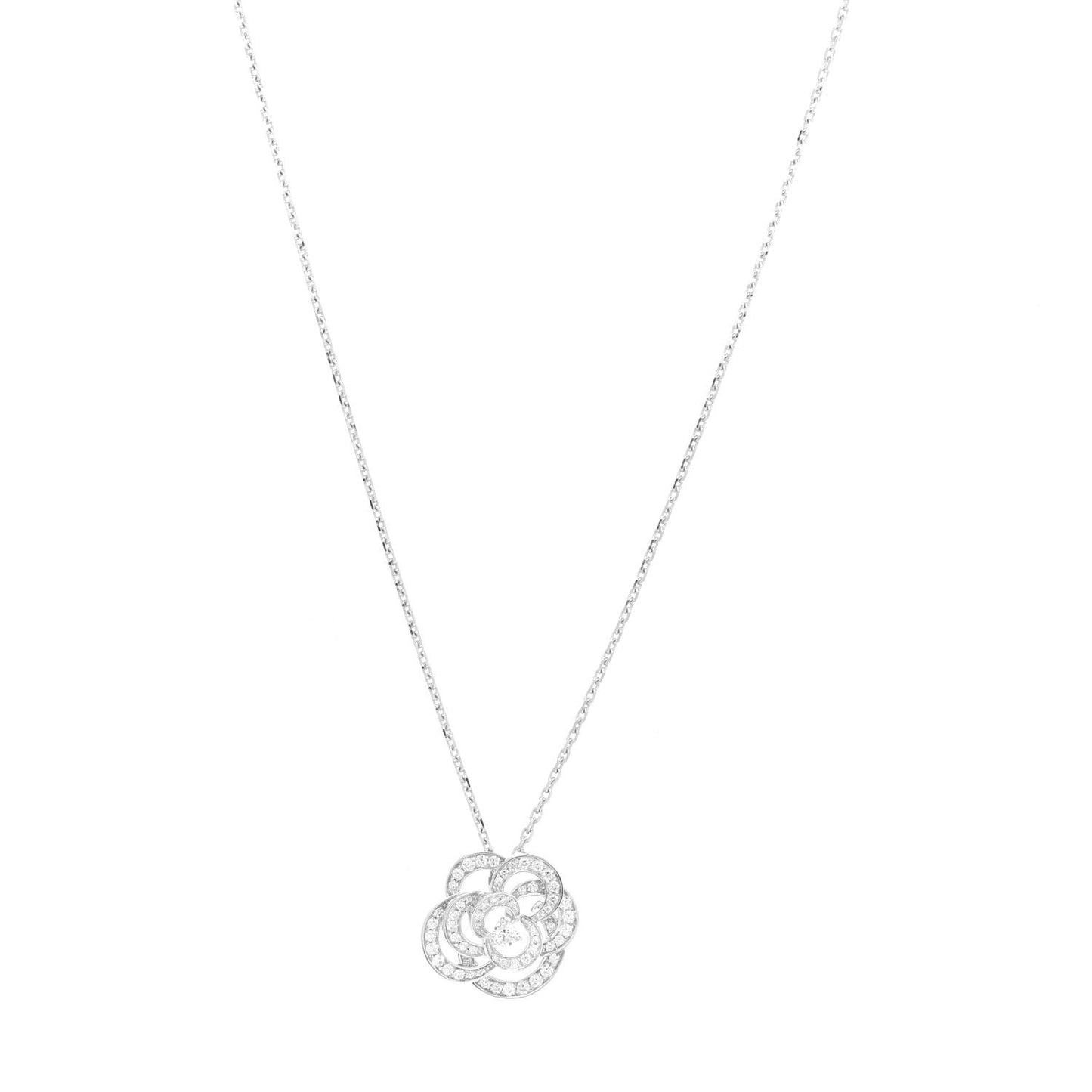 18K White Gold Diamond Small Fil De Camelia Pendant Necklace