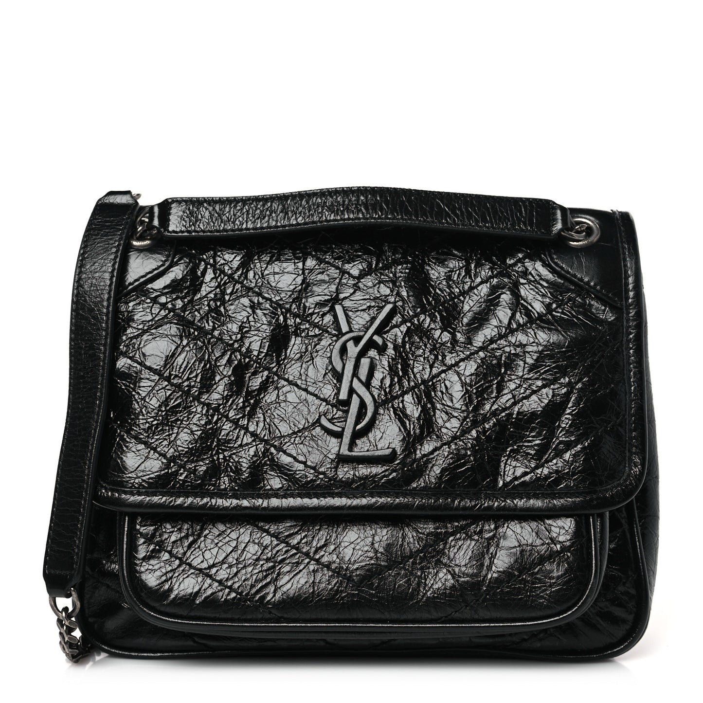 Crinkled Calfskin Matelasse Monogram Baby Niki Chain Satchel Black