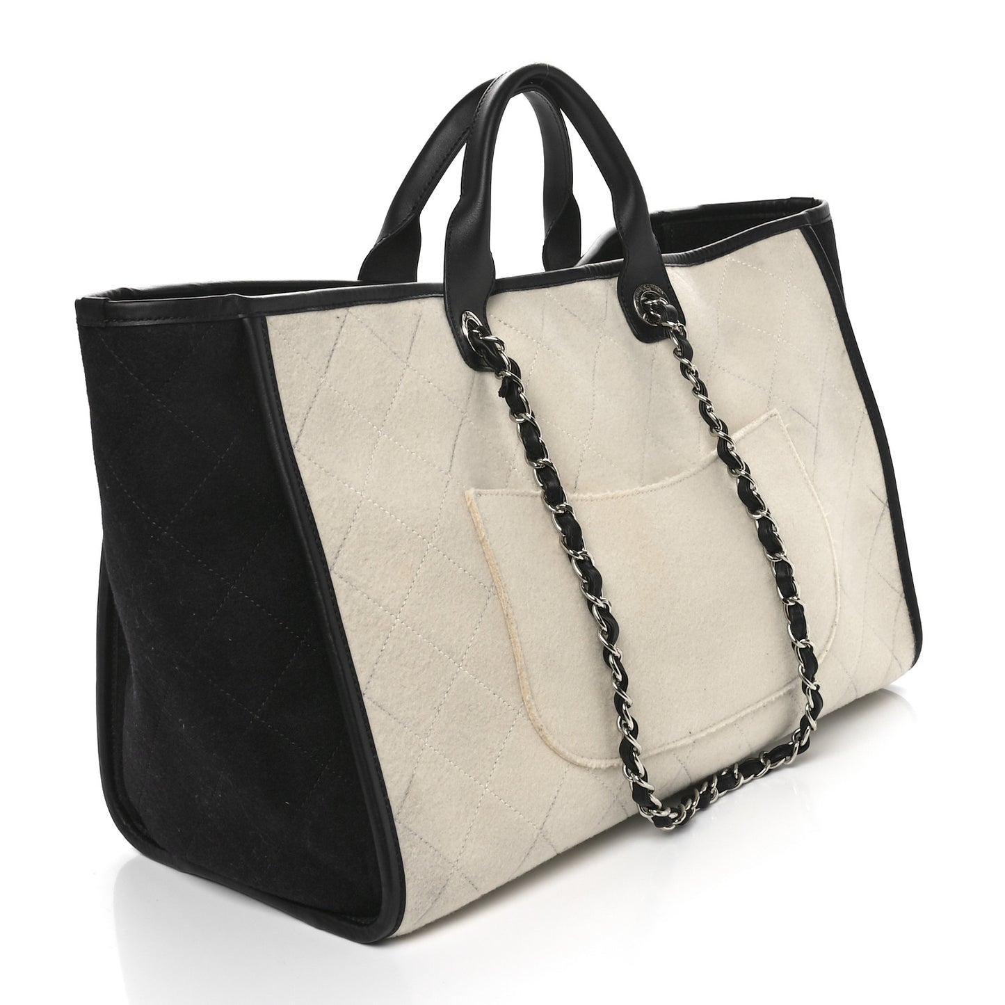 Wool Felt Calfskin Large Deauville Tote White Black