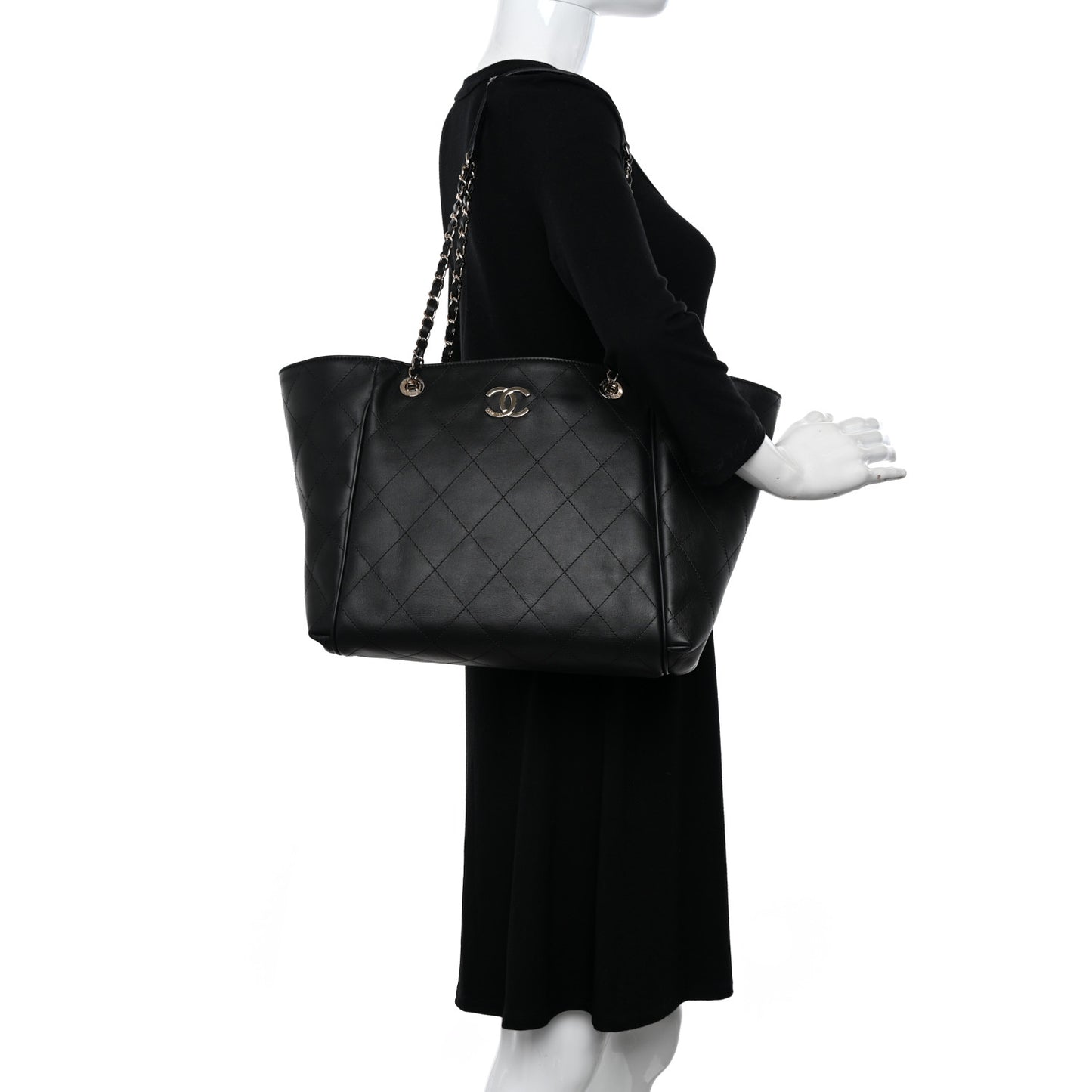 Calfskin Stitched Small Shopping Tote Black