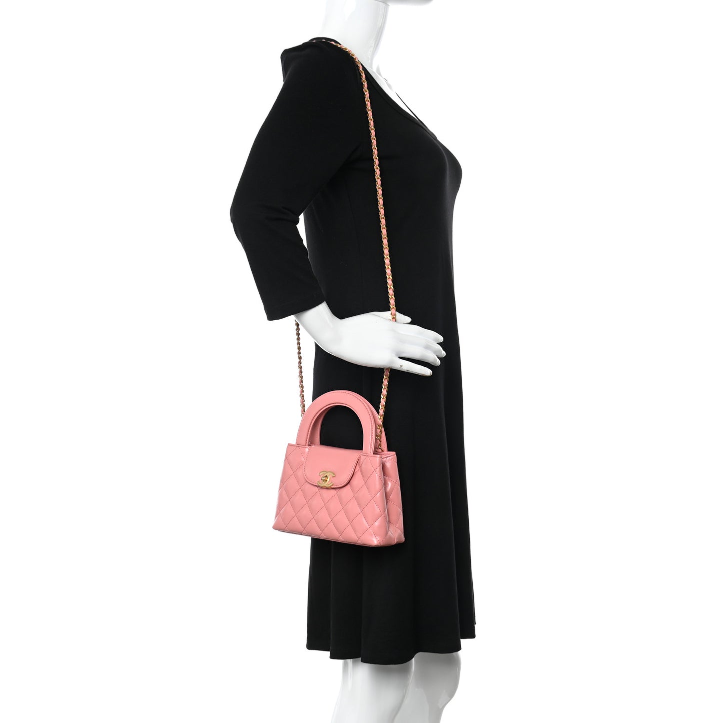Shiny Aged Calfskin Quilted Nano Kelly Shopper Coral Pink