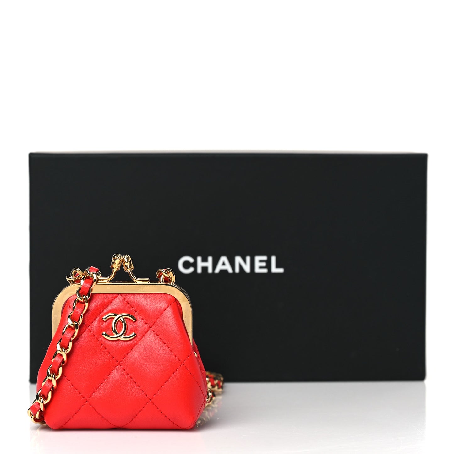 Lambskin Quilted Mini Kiss Lock Clutch With Chain Red