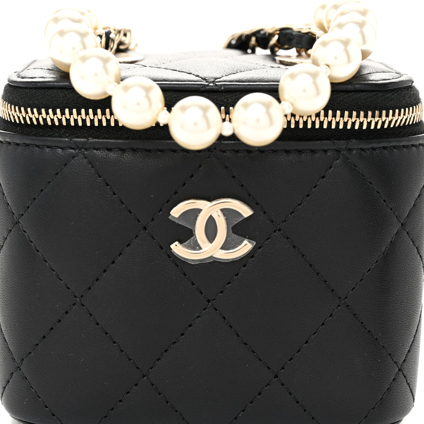 Lambskin Quilted Mini Vanity Case With Pearl Chain Black
