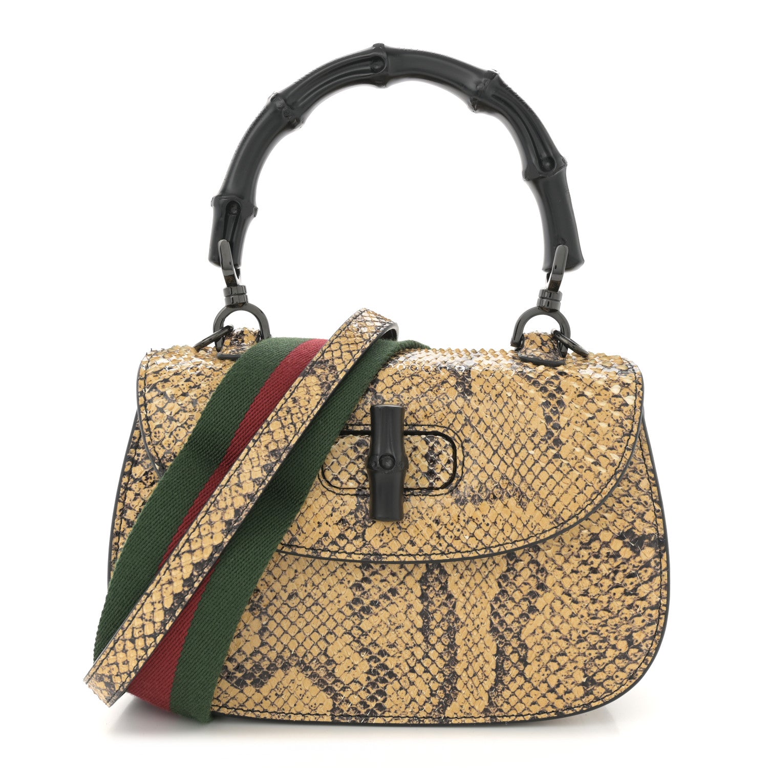 Gucci Snakeskin Small Bamboo 1947 Top Handle Bag Natural Black