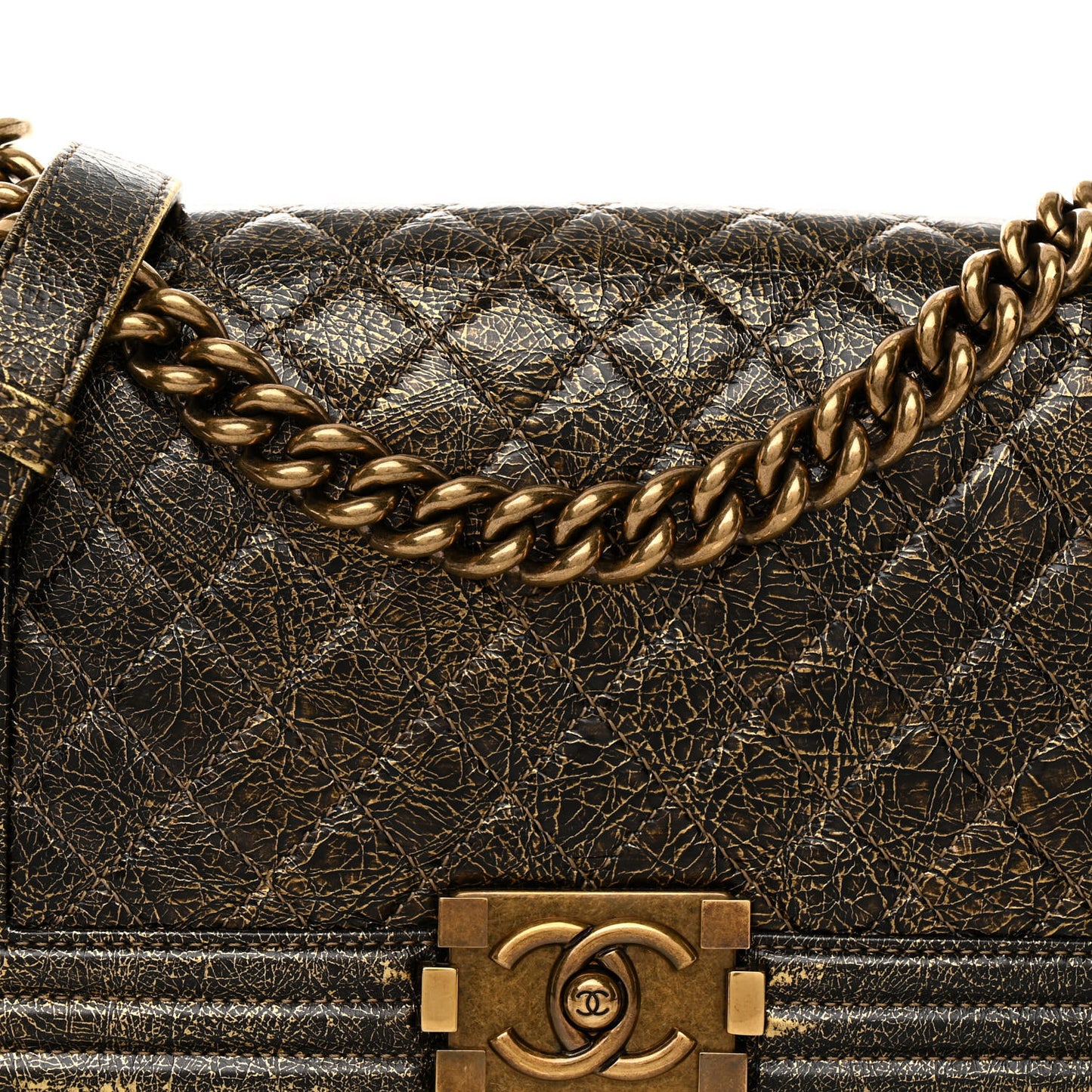 Cracked Metallic Calfskin Quilted Medium Boy Flap Gold
