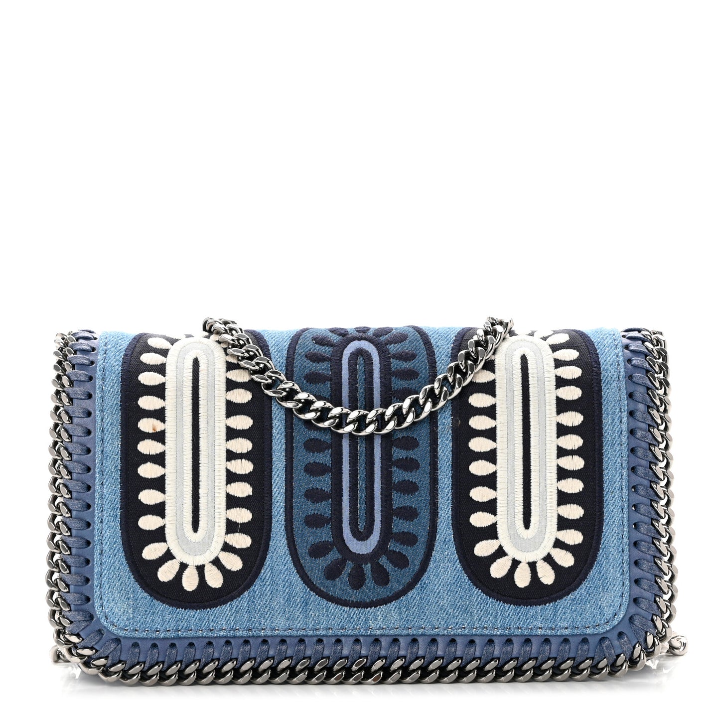 Eco Denim Embroidered Zigarette Falabella Crossbody Blue