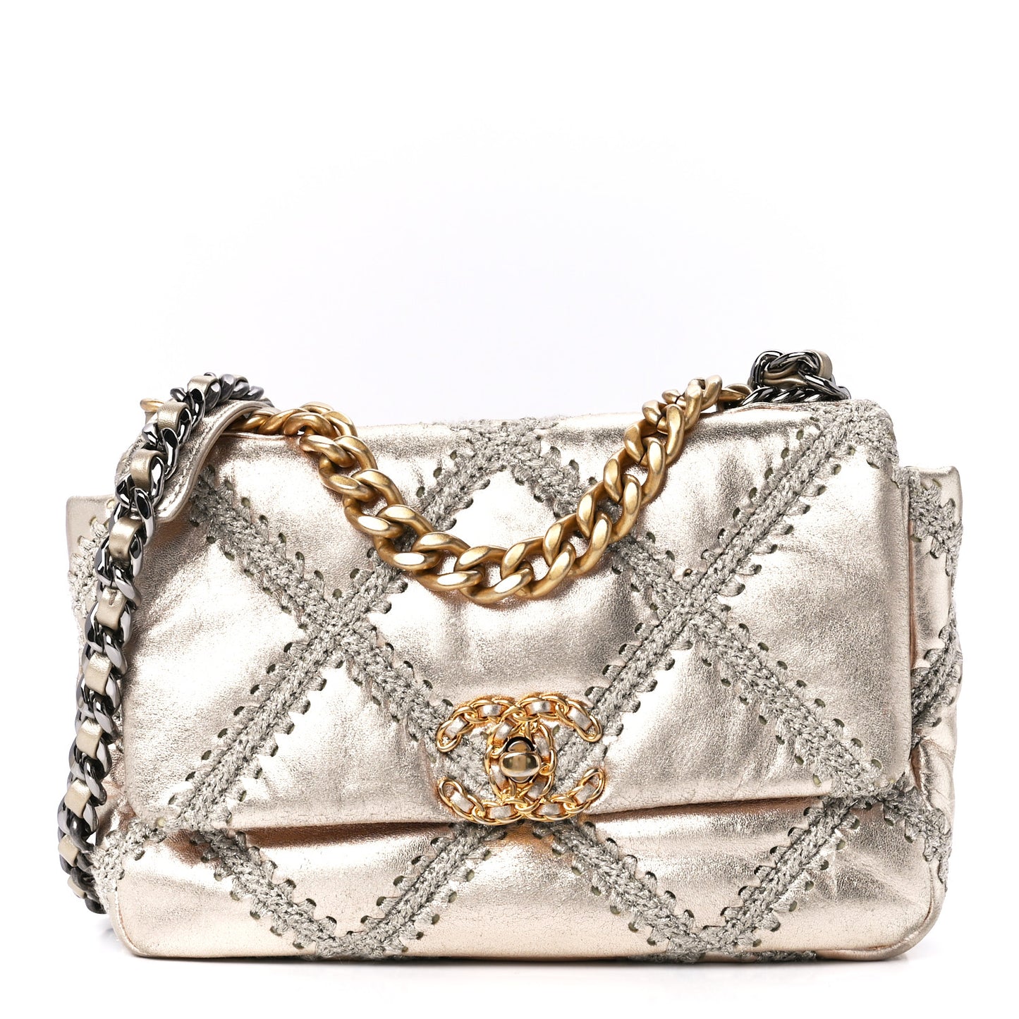 Metallic Calfskin Crochet Medium Chanel 19 Flap Gold