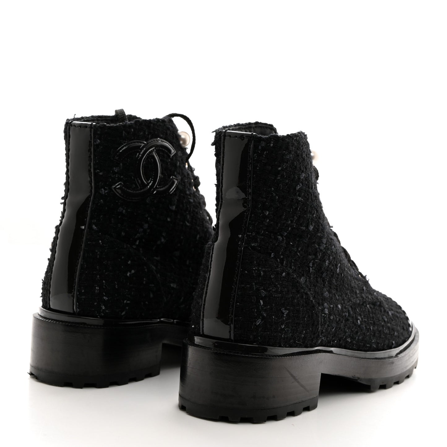 Tweed Patent Calfskin Pearl Combat Short Boots 36.5 Black Grey Blue