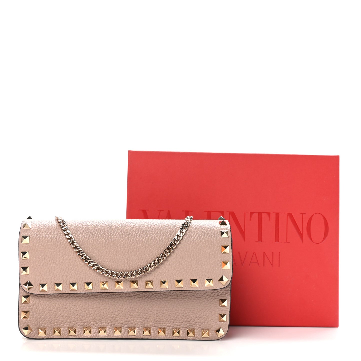 Grainy Calfskin Rockstud Chain Pouch Poudre