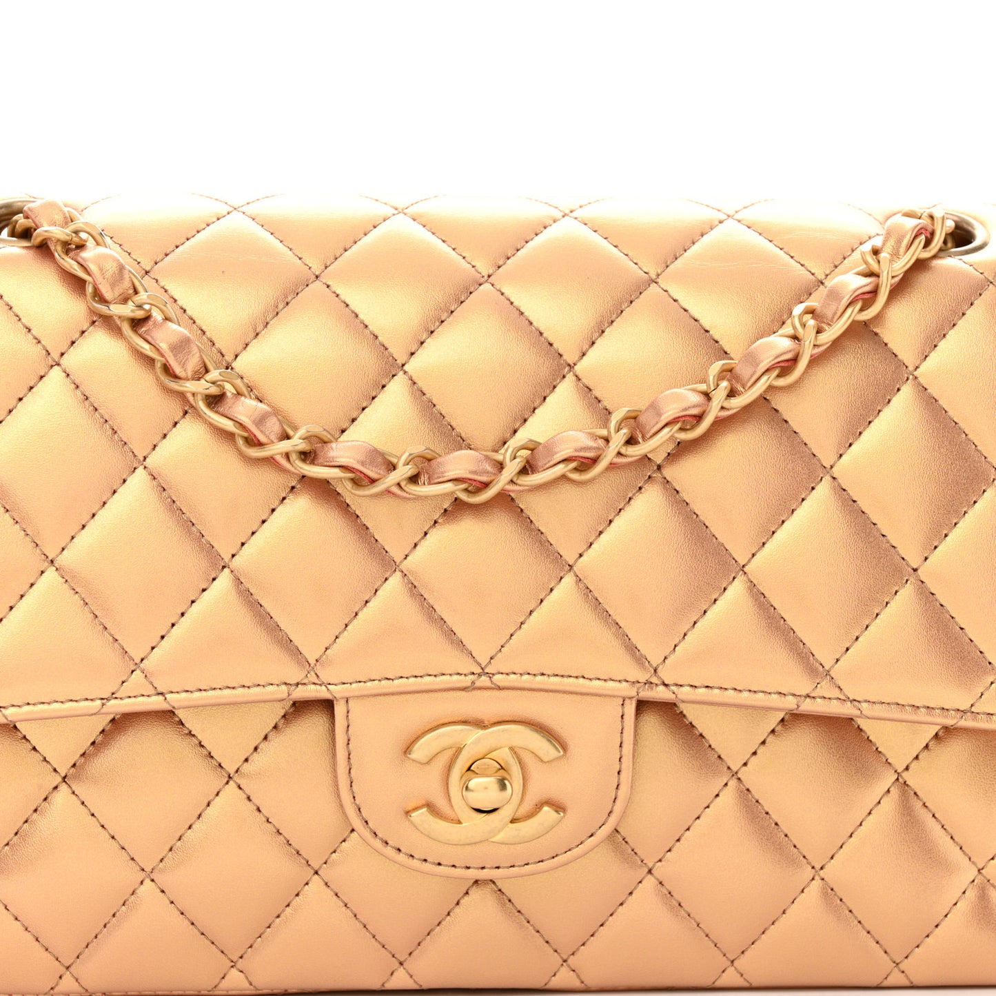 Metallic Lambskin Quilted Medium Double Flap Golden