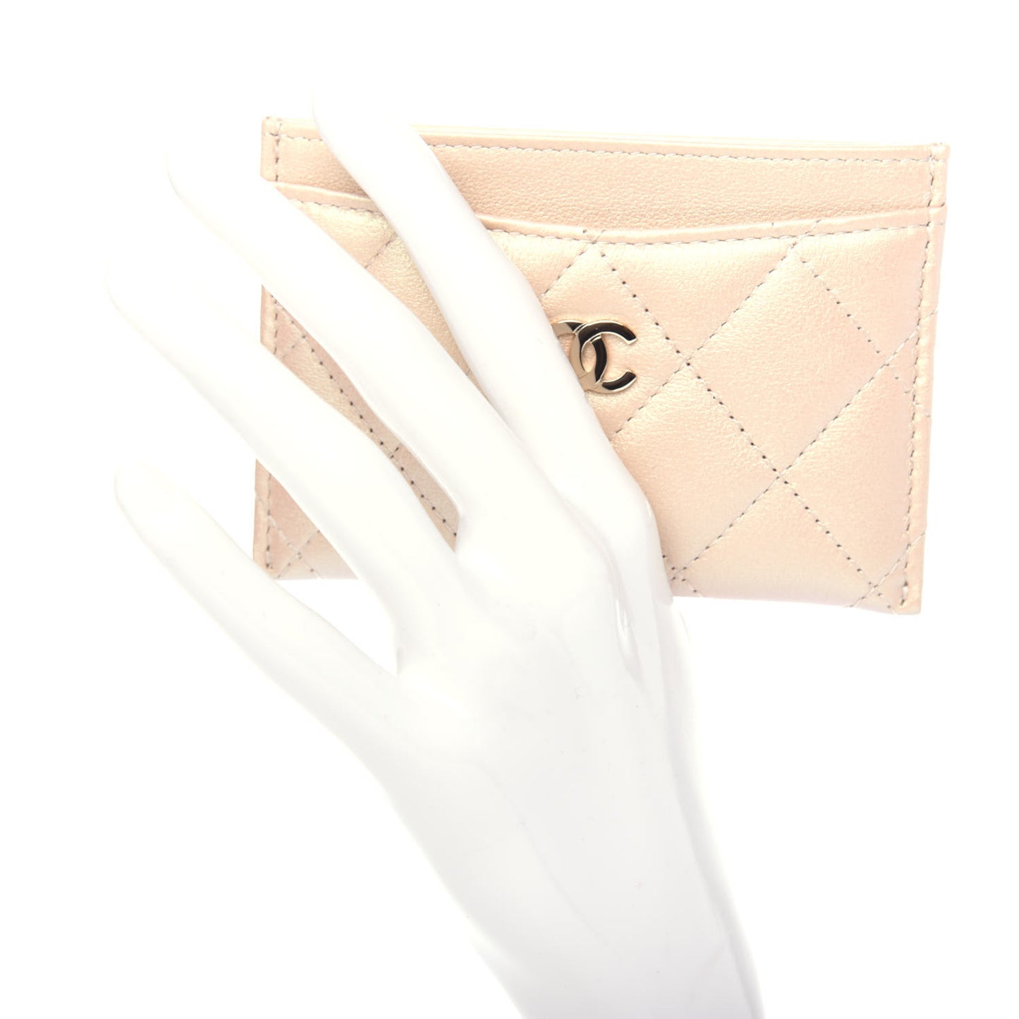 Iridescent Calfskin Quilted Card Holder Beige