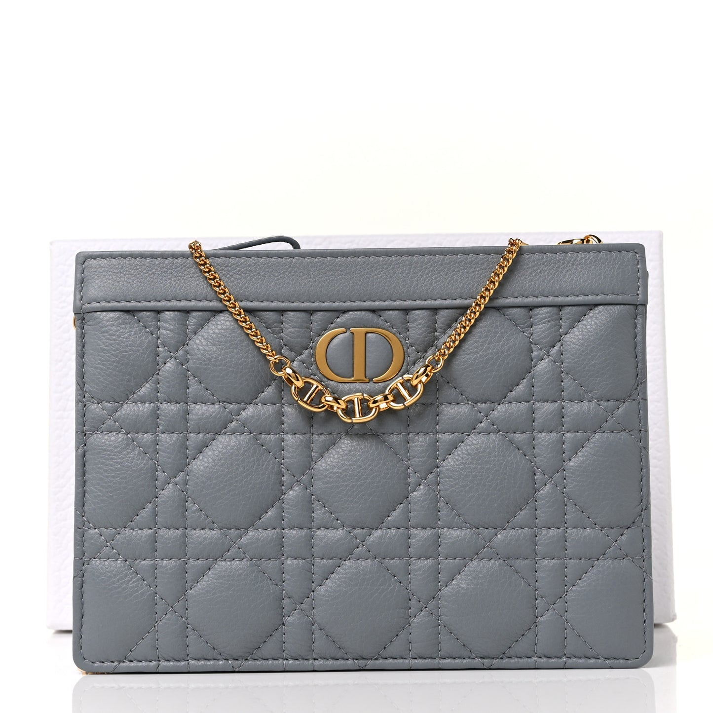 Calfskin Cannage Caro Zipped Pouch With Chain Cloud Blue