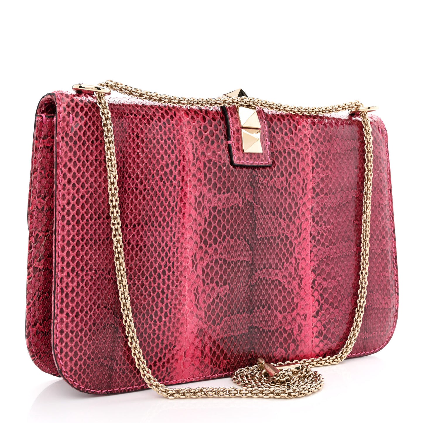 Snakeskin Large Glam Lock Rockstud Flap Pop Fuxia