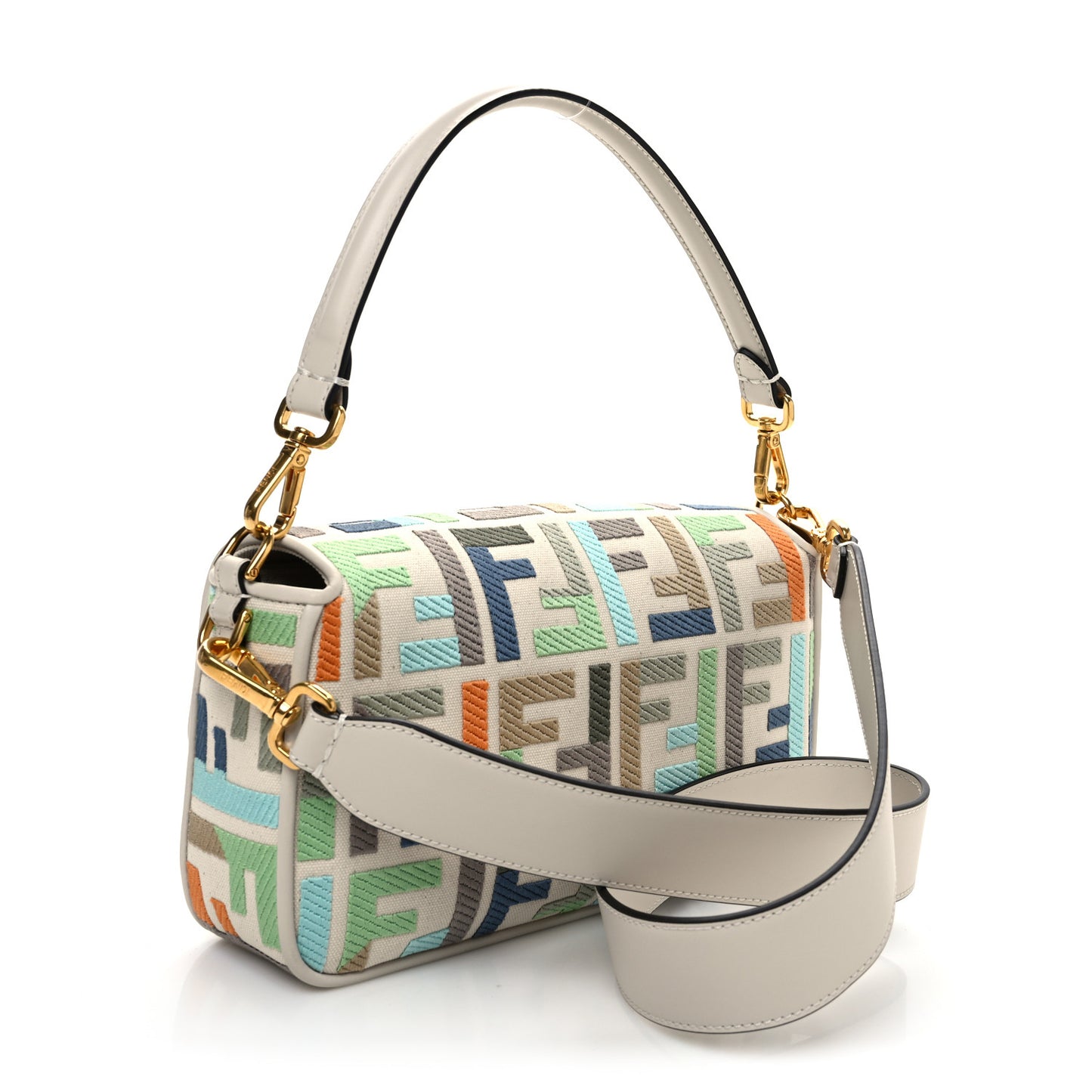 Canvas Vitello Seta FF Multicolor Embroidered Baguette Grezzo Multicolor Latte