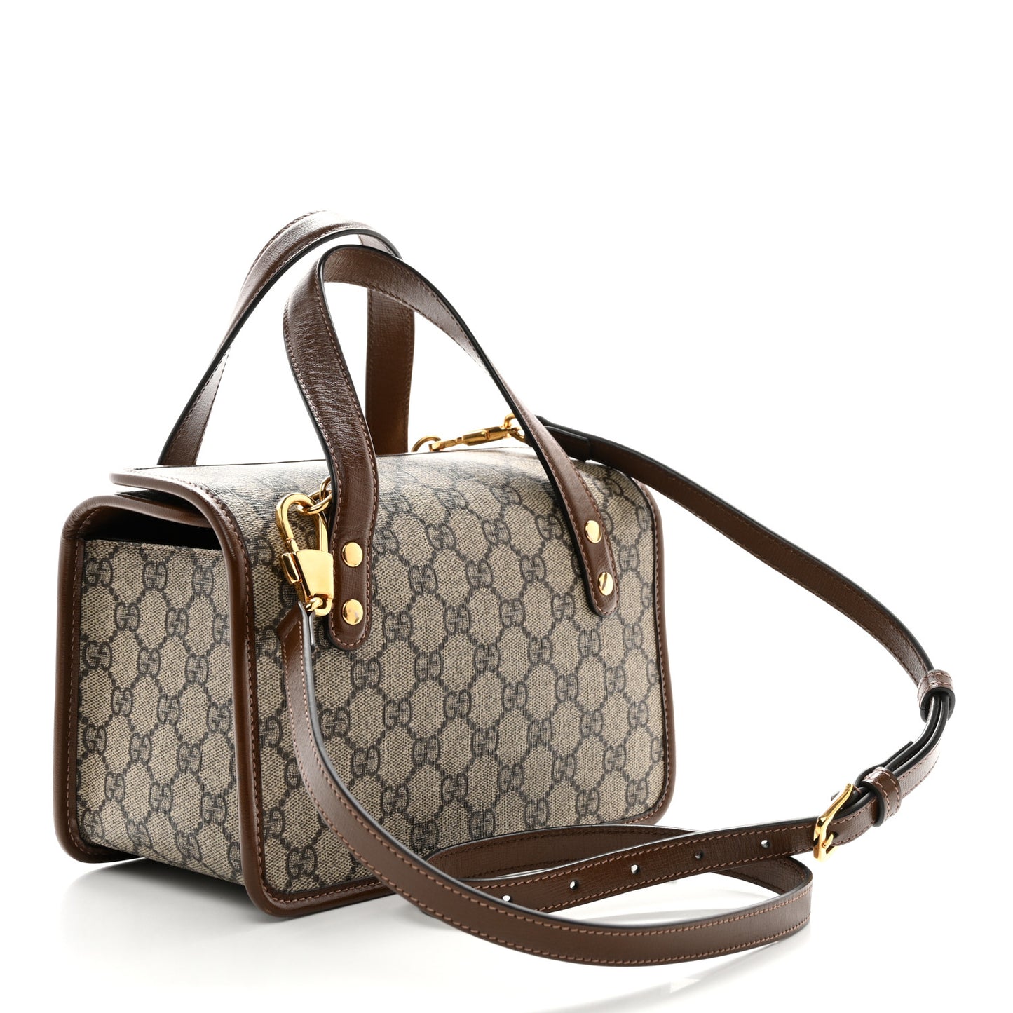 GG Supreme Monogram Azalea Calfskin Mini Horsebit 1955 Foldover Top Handle Bag Beige Ebony Brown Sugar