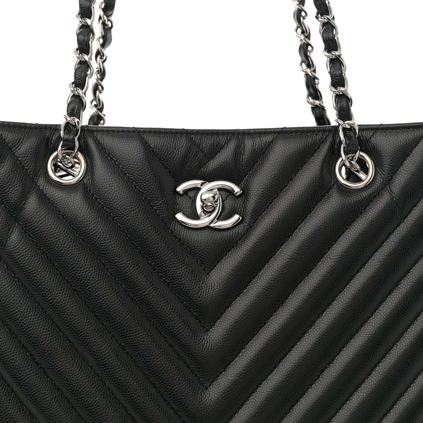 Caviar Chevron Quilted Large Shopping Tote Tote Black