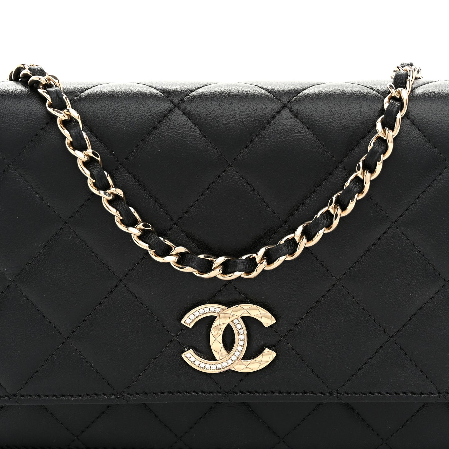 Lambskin Quilted Crystal CC Wallet On Chain WOC Black