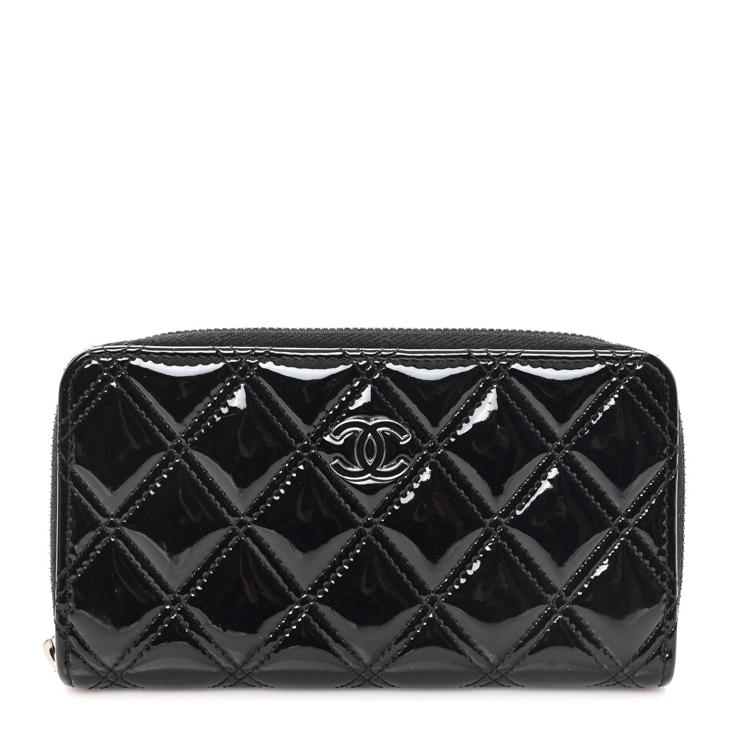 Chanel Patent Quilted Double Stitched Zip Around Wallet Black
