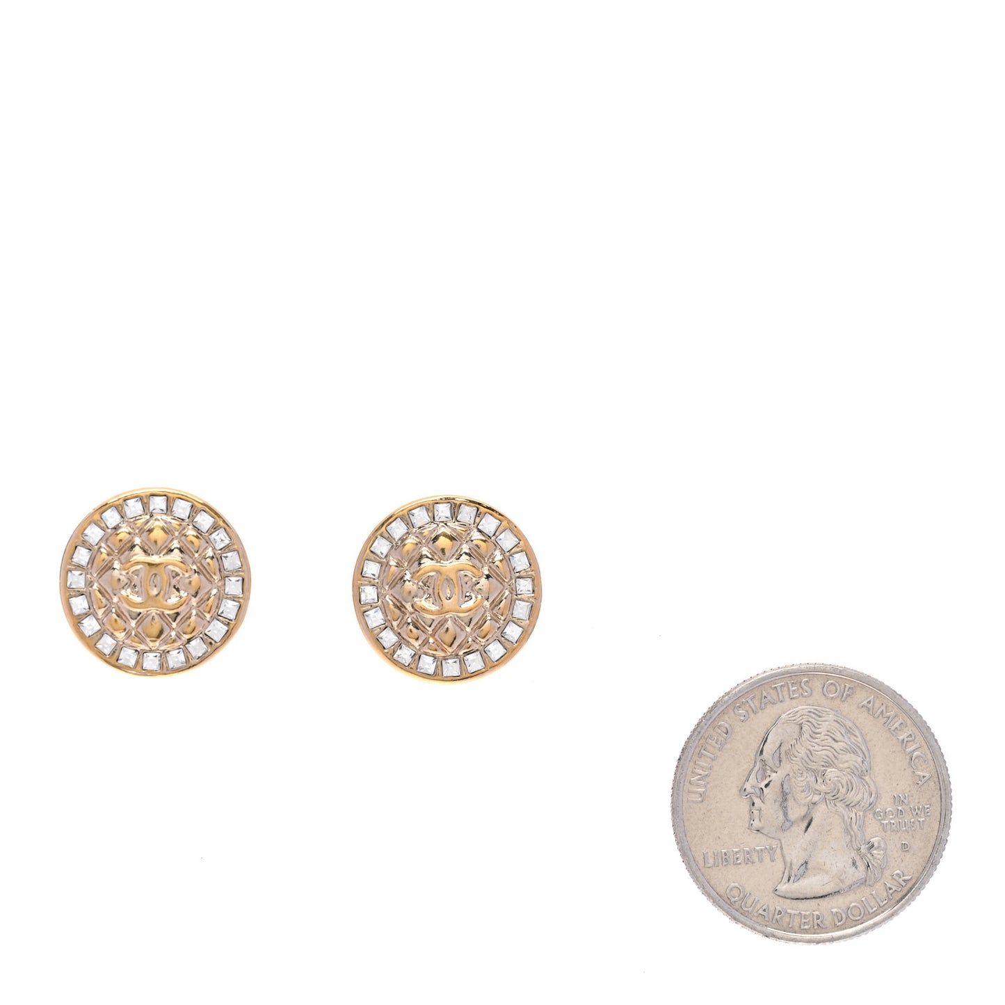 Metal Quilted Crystal CC Round Earrings Gold