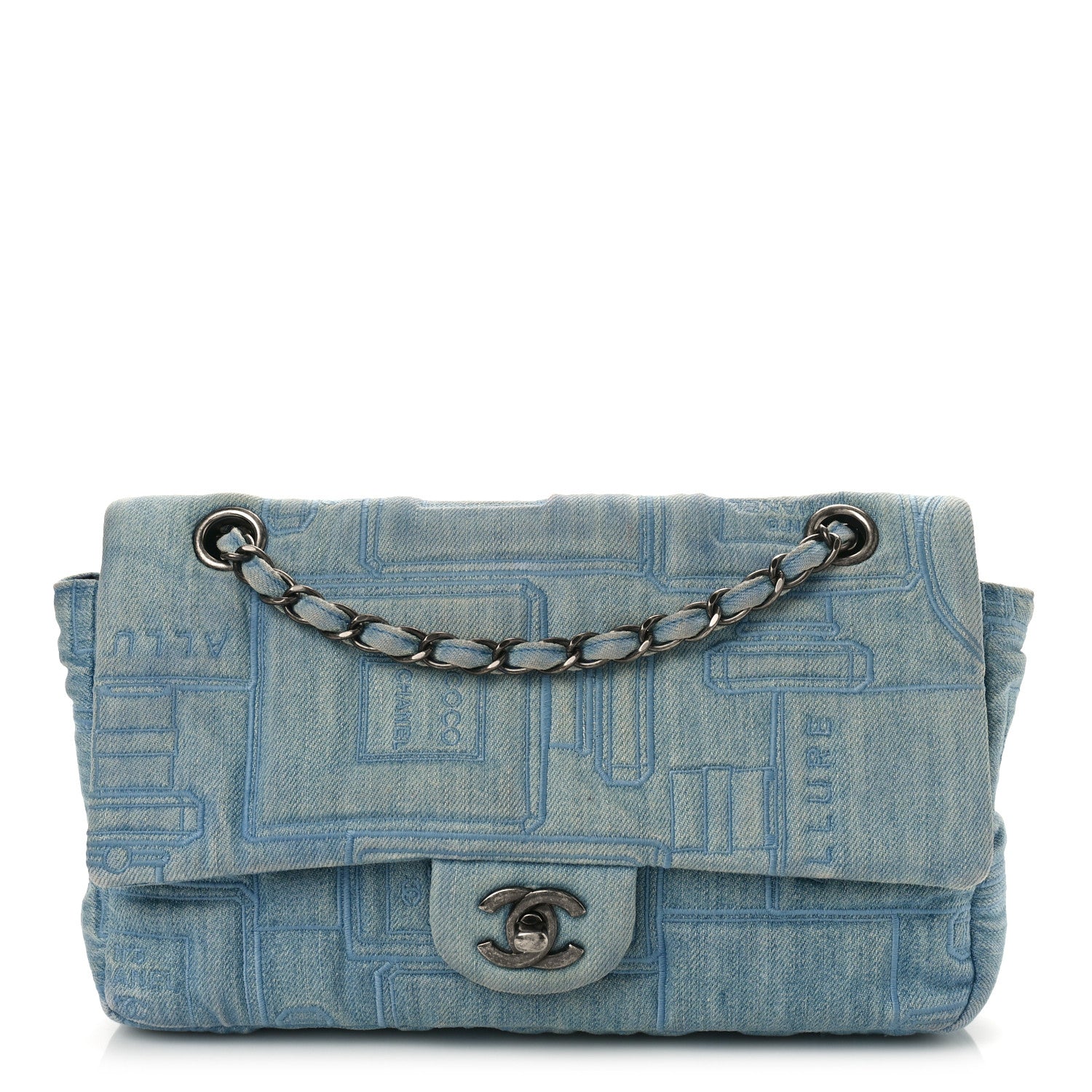 Chanel Denim Embroidered Jumbo Perfume Bottle Flap Light Blue 1 of 9