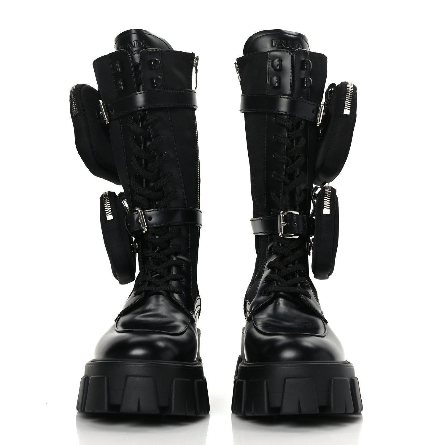 Prada Spazzolato Rois Re-Nylon Metal Triangle Logo Monolith Pouch Pocket 55mm Tall Combat Boots 39.5 Black 2 of 8