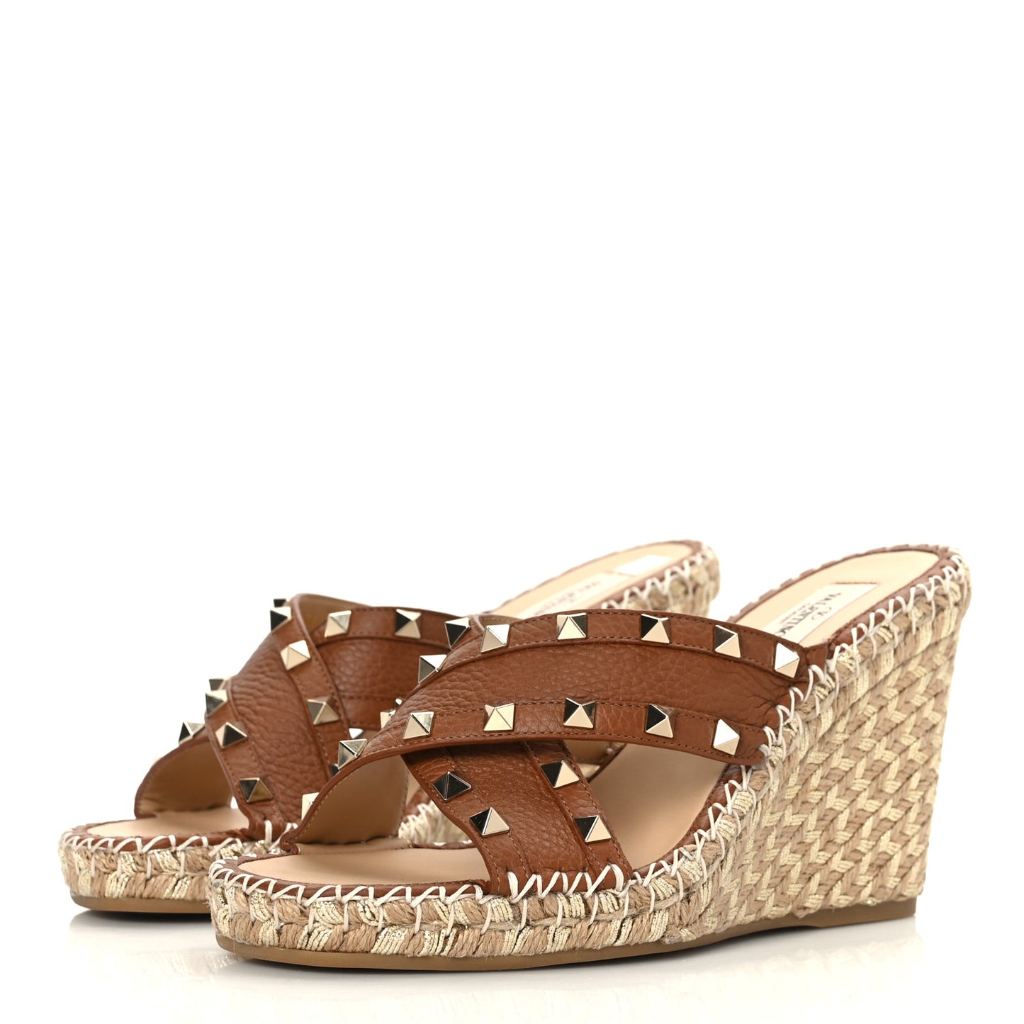Pebbled Calfskin Rockstud Criss Cross Espadrille 15/105mm Wedge Sandals 38 Selleria
