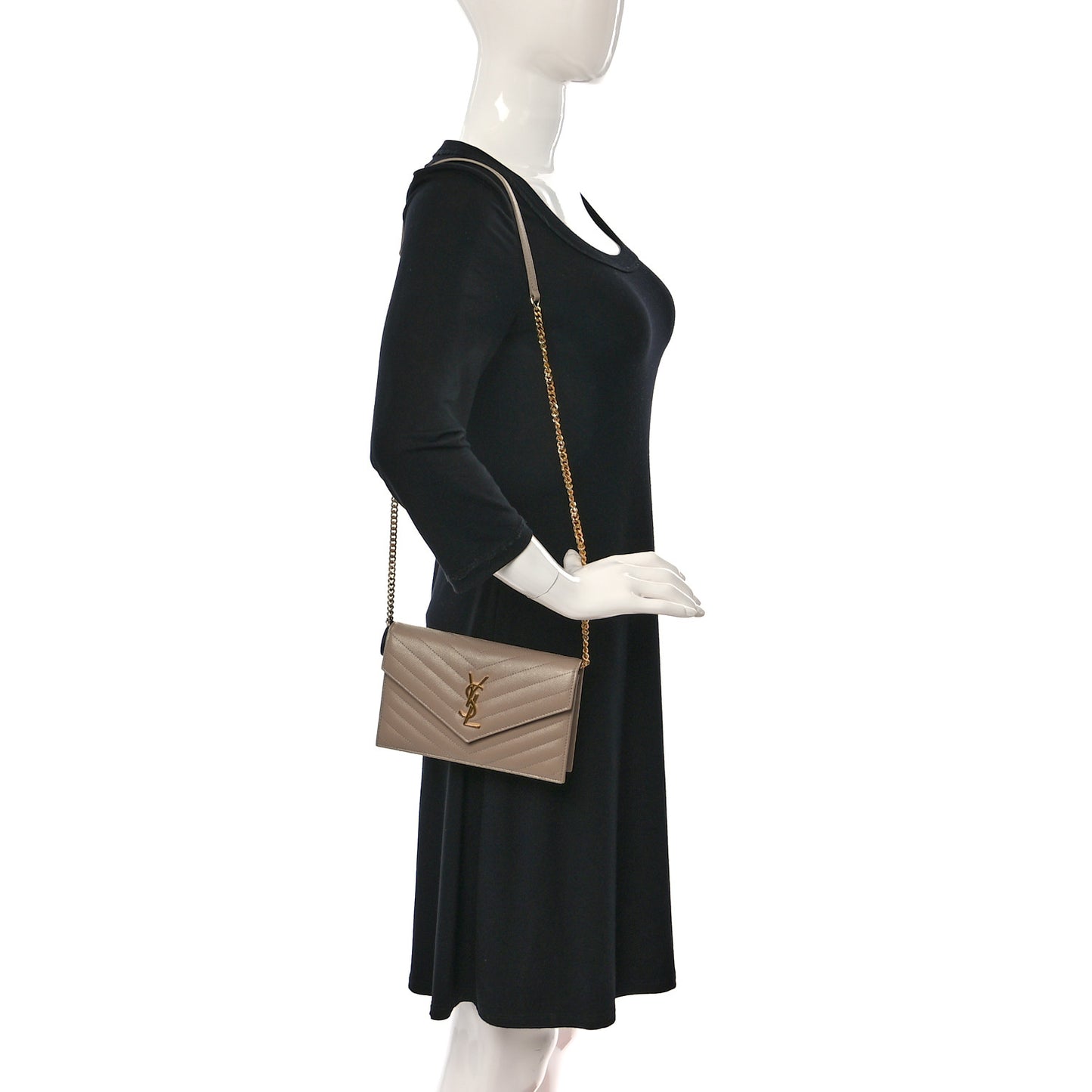 Grain De Poudre Matelasse Chevron Monogram Envelope Chain Wallet Dark Beige