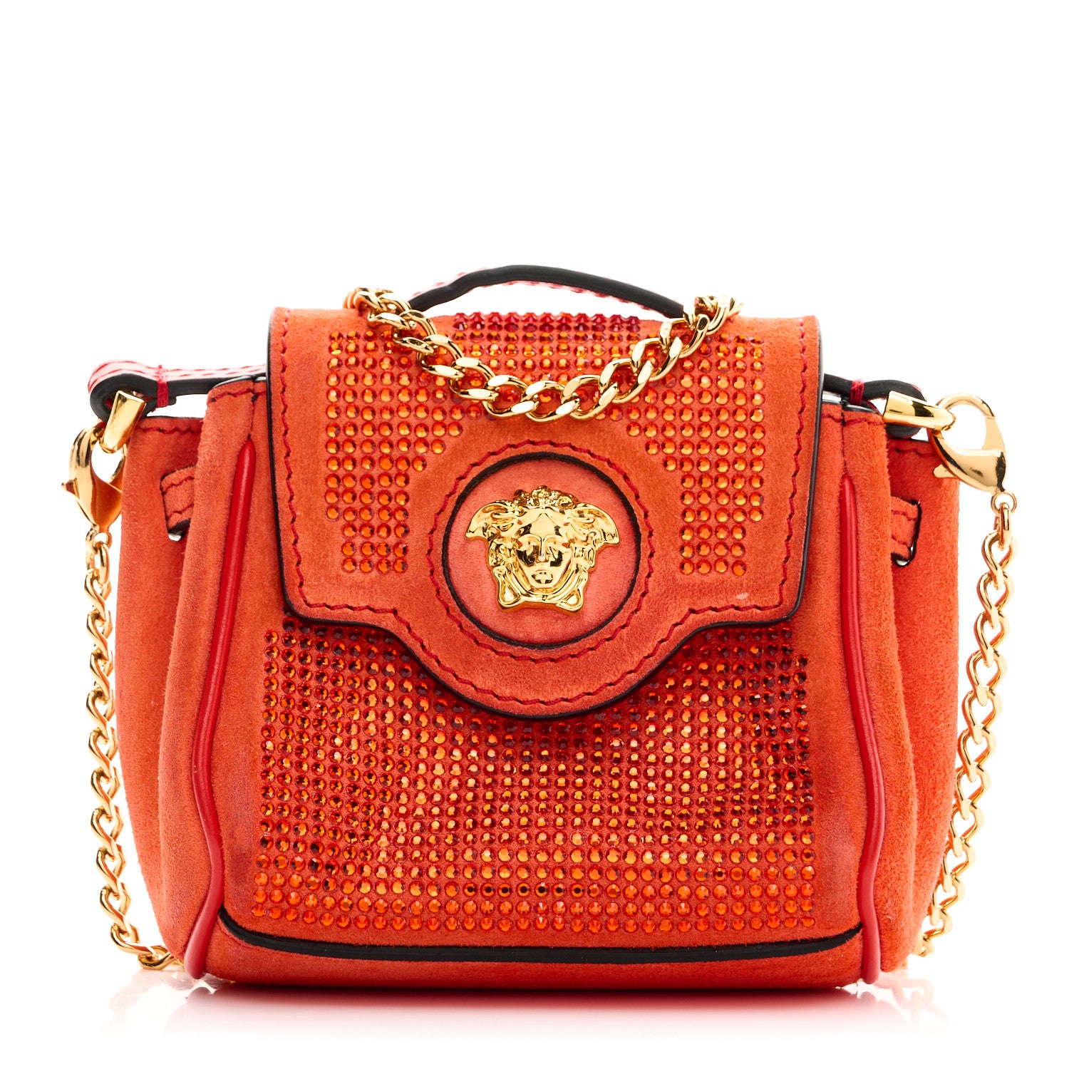 Versace Suede Crystal Studded Micro La Medusa Bag Orange 1770948
