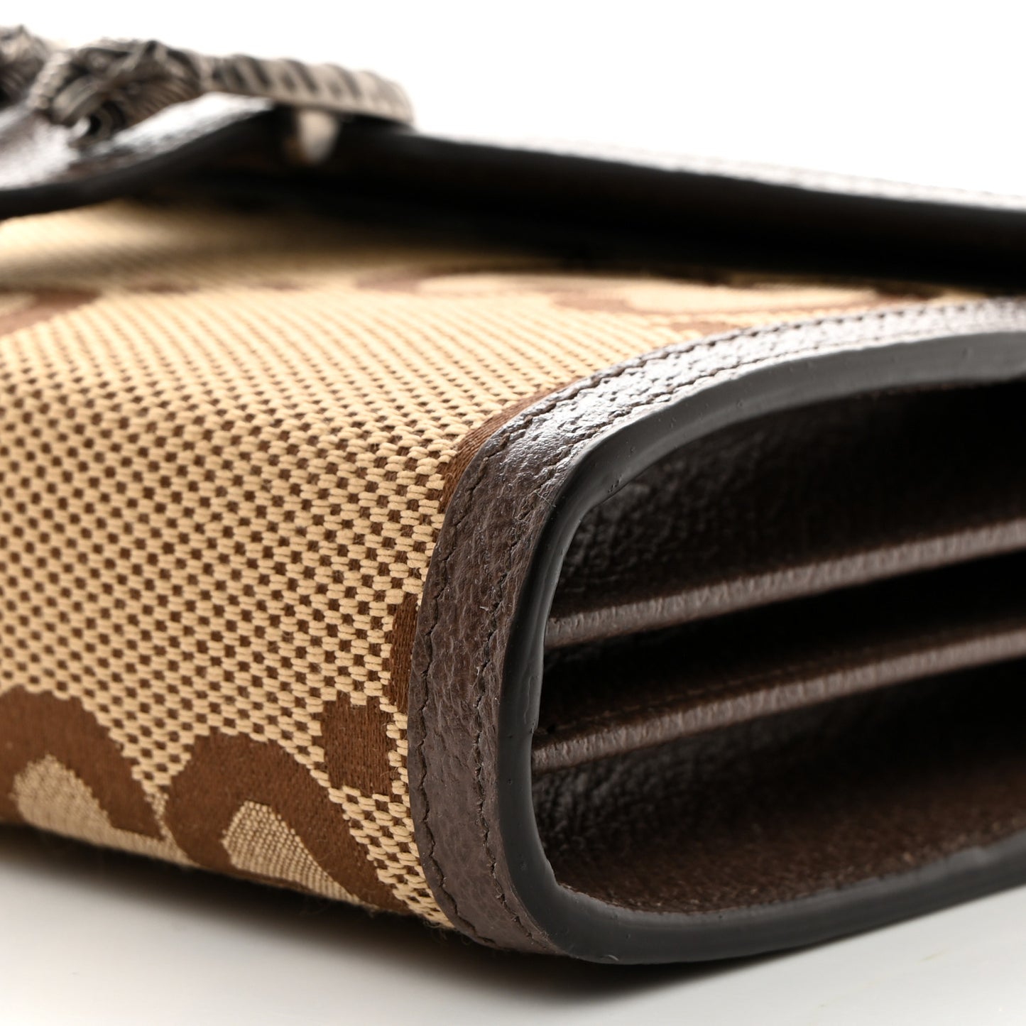 Monogram Jumbo GG Textured Dollar Calfskin Mini Dionysus Chain Wallet Camel Ebony New Acero