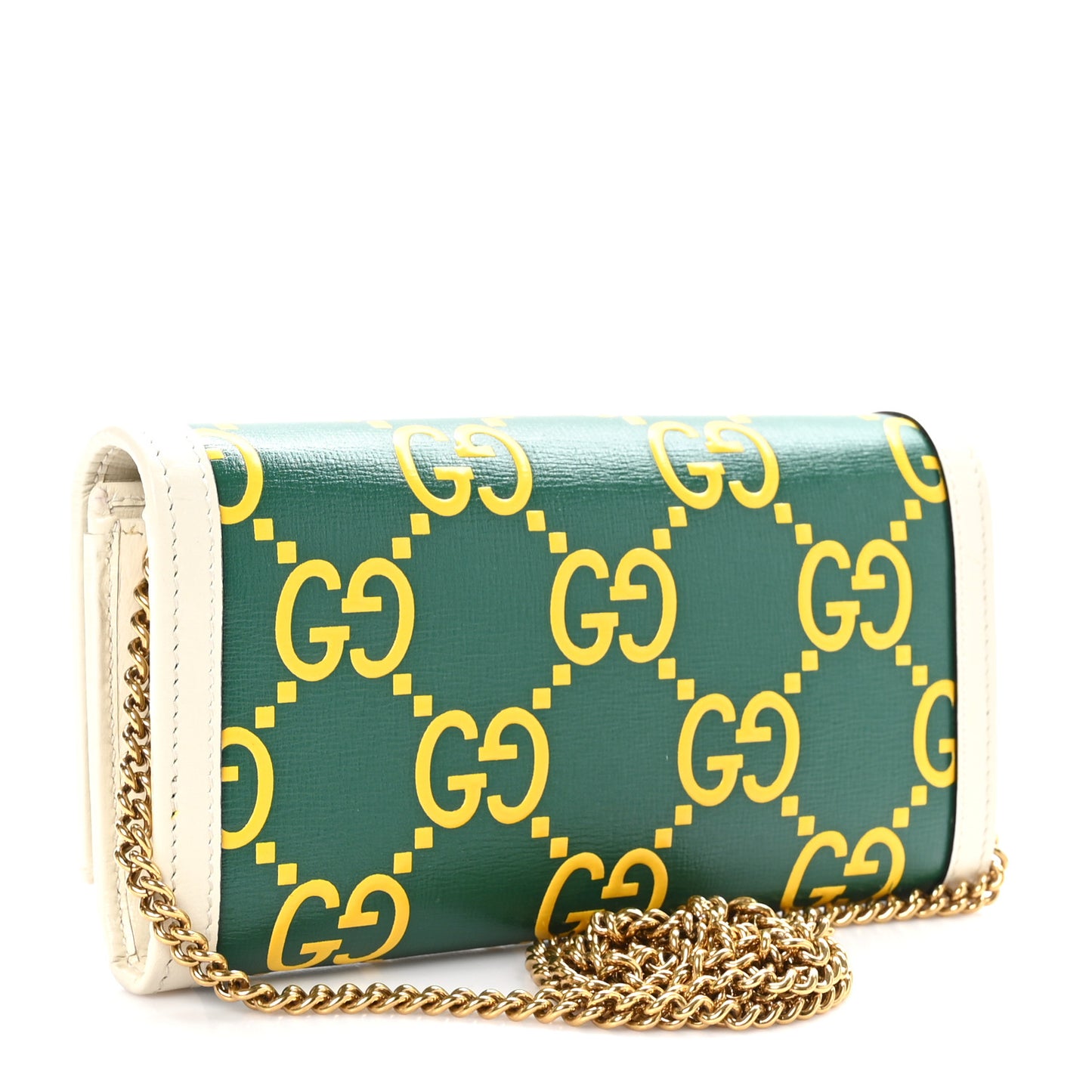 Azalea Calfskin GG Monogram Bi-Color Debossed Diana Chain Wallet Emerald Stone Topaz Mystic White