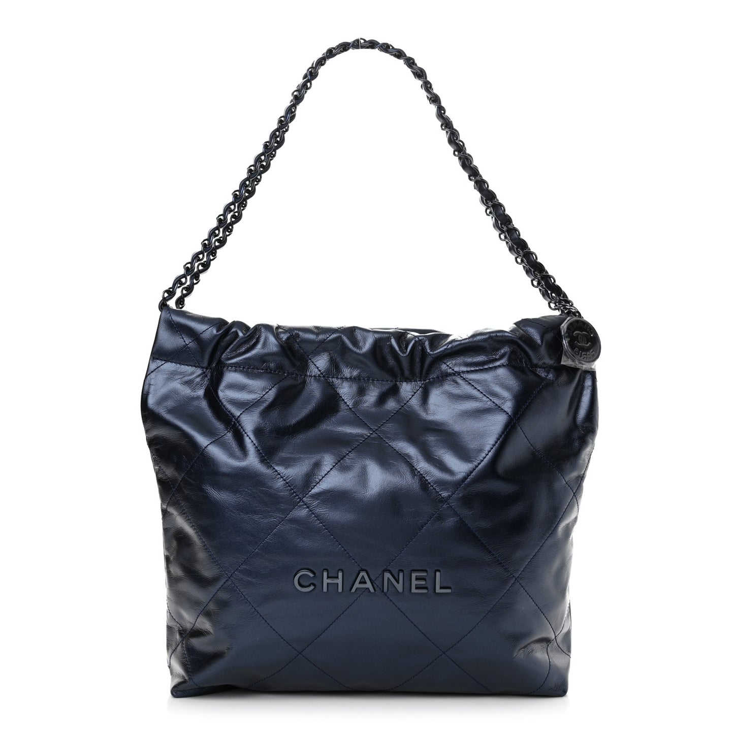 Metallic Calfskin Quilted Small Chanel 22 Navy Blue