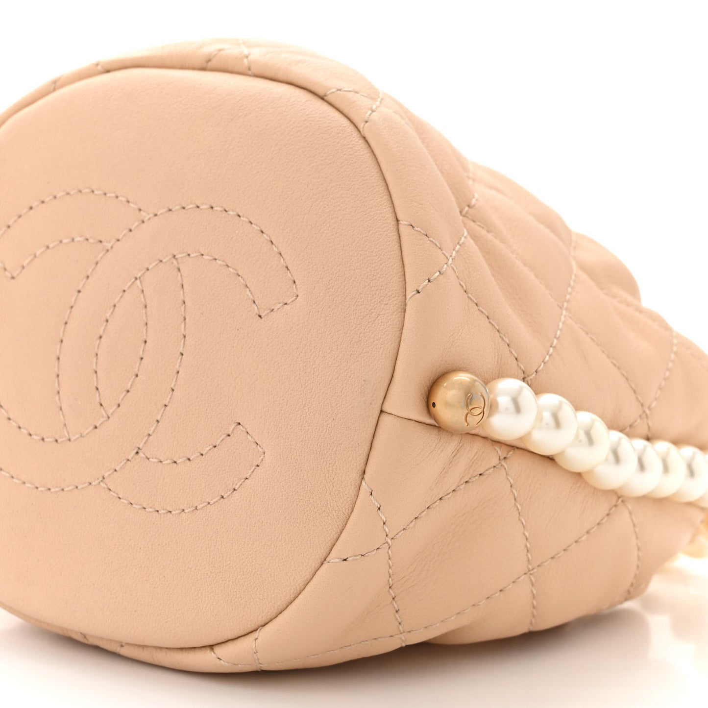 Calfskin Quilted Pearl Mini About Pearls Drawstring Bucket Bag Beige