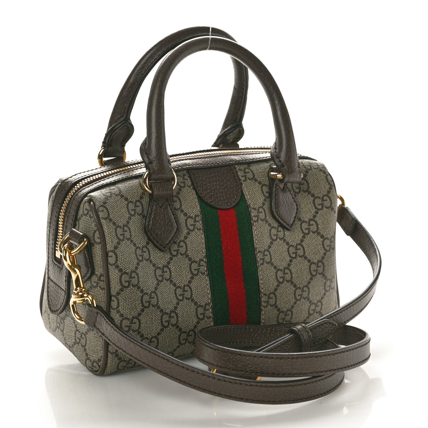 GG Supreme Monogram Textured Dollar Calfskin Web Mini Ophidia Top Handle Bag Beige Ebony New Acero