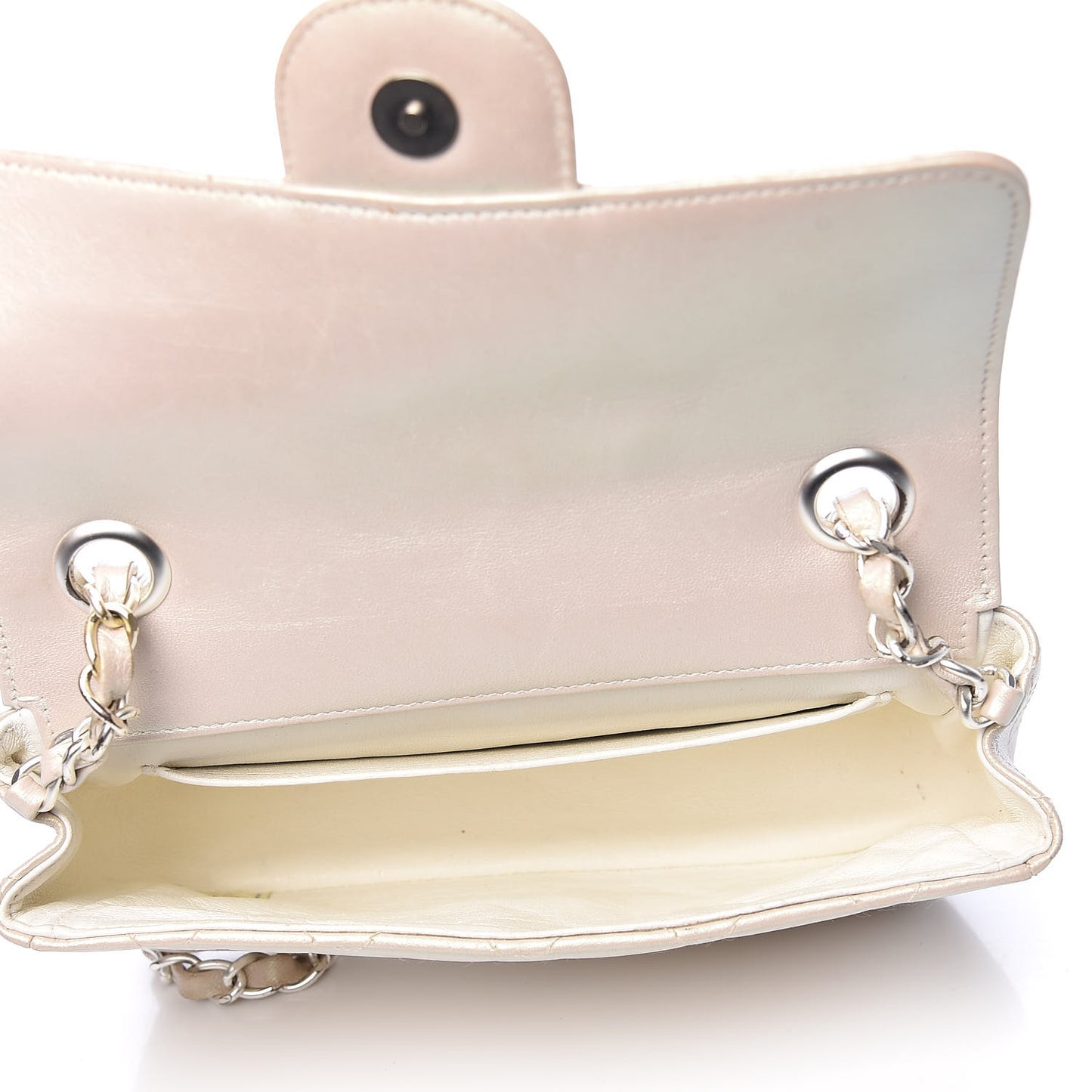 Metallic Lambskin Quilted Extra Mini Rectangular Flap Ivory