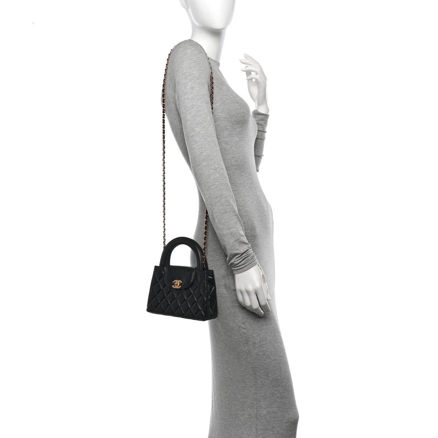 Shiny Aged Calfskin Quilted Nano Kelly Shopper Black