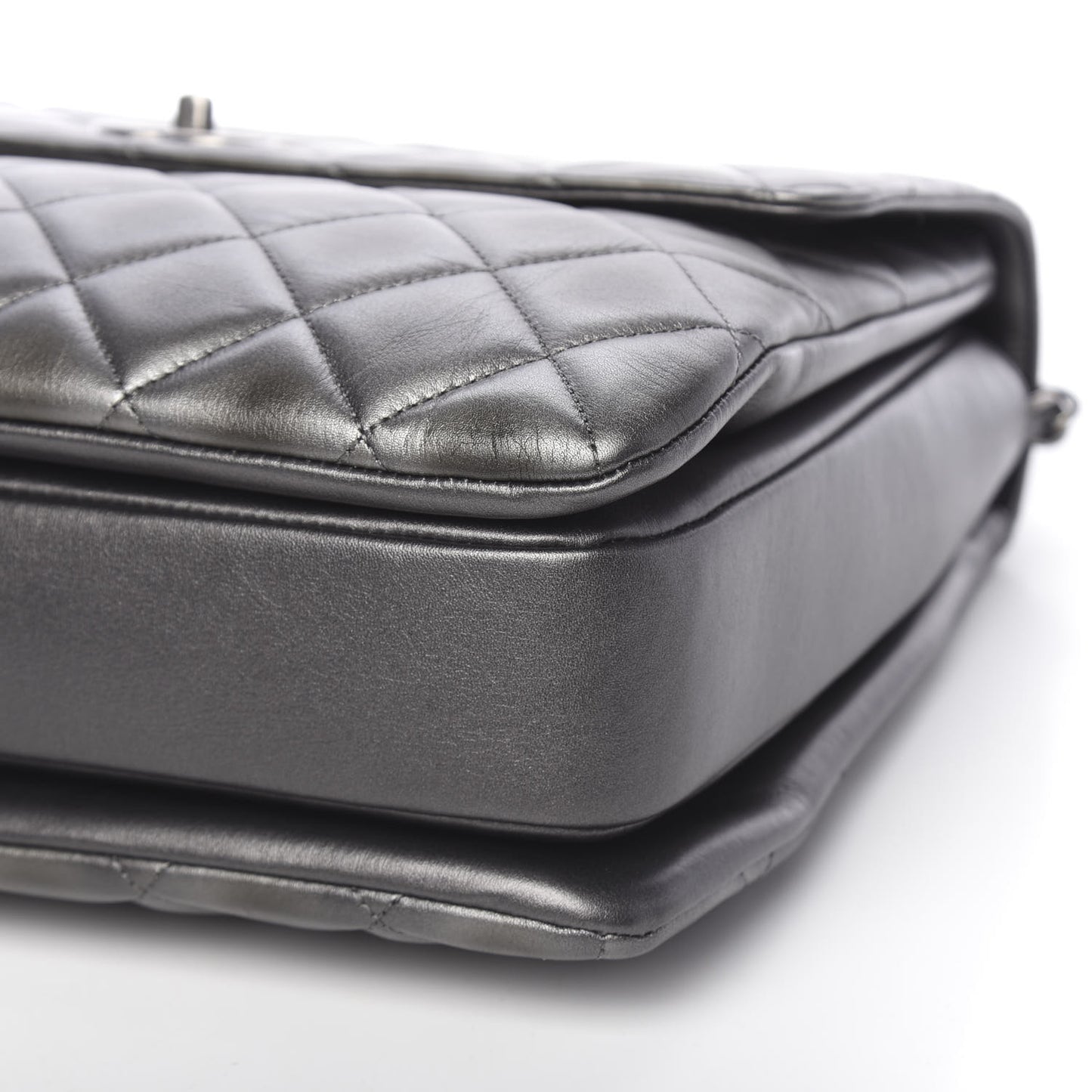 Metallic Calfskin Quilted Large Trendy CC Flap Dual Handle Bag Dark Silver