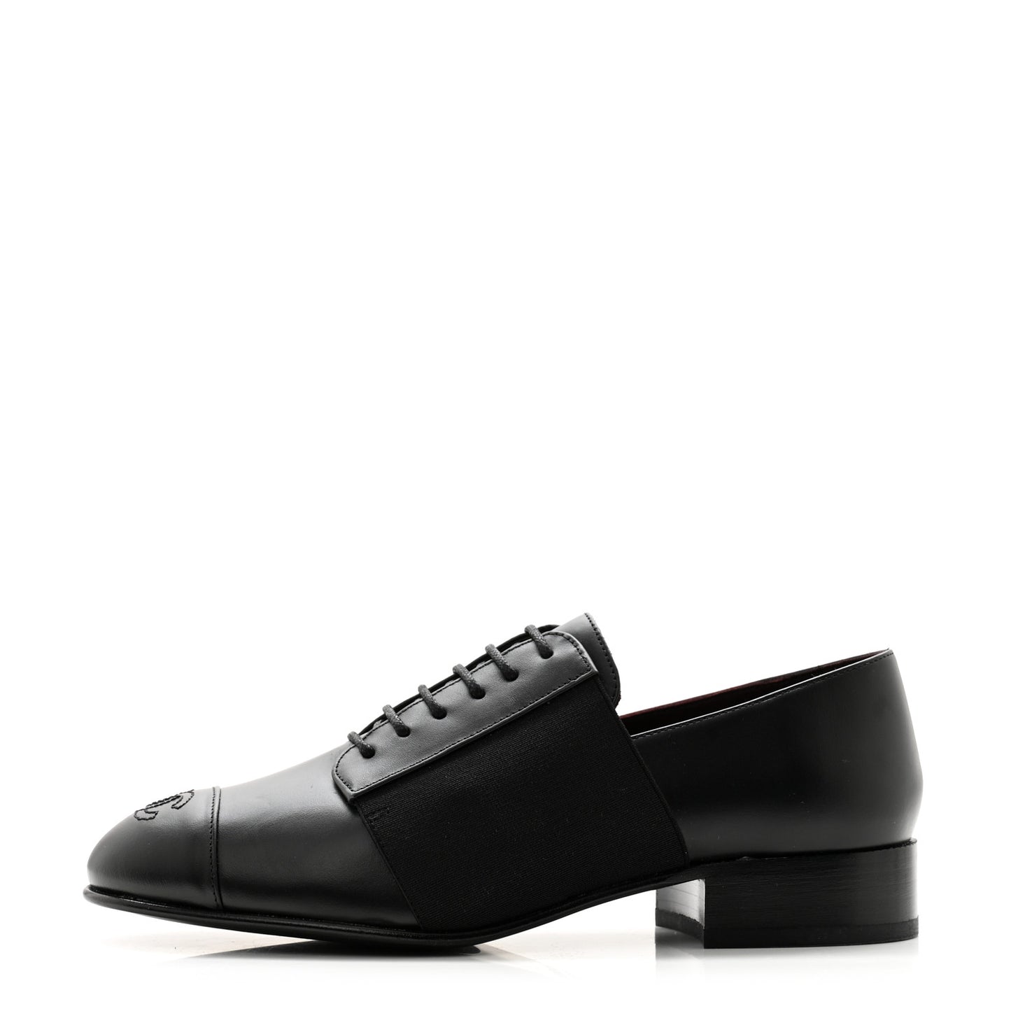 Calfskin Elastic Lace Up Cap Toe CC Loafers 36 Black