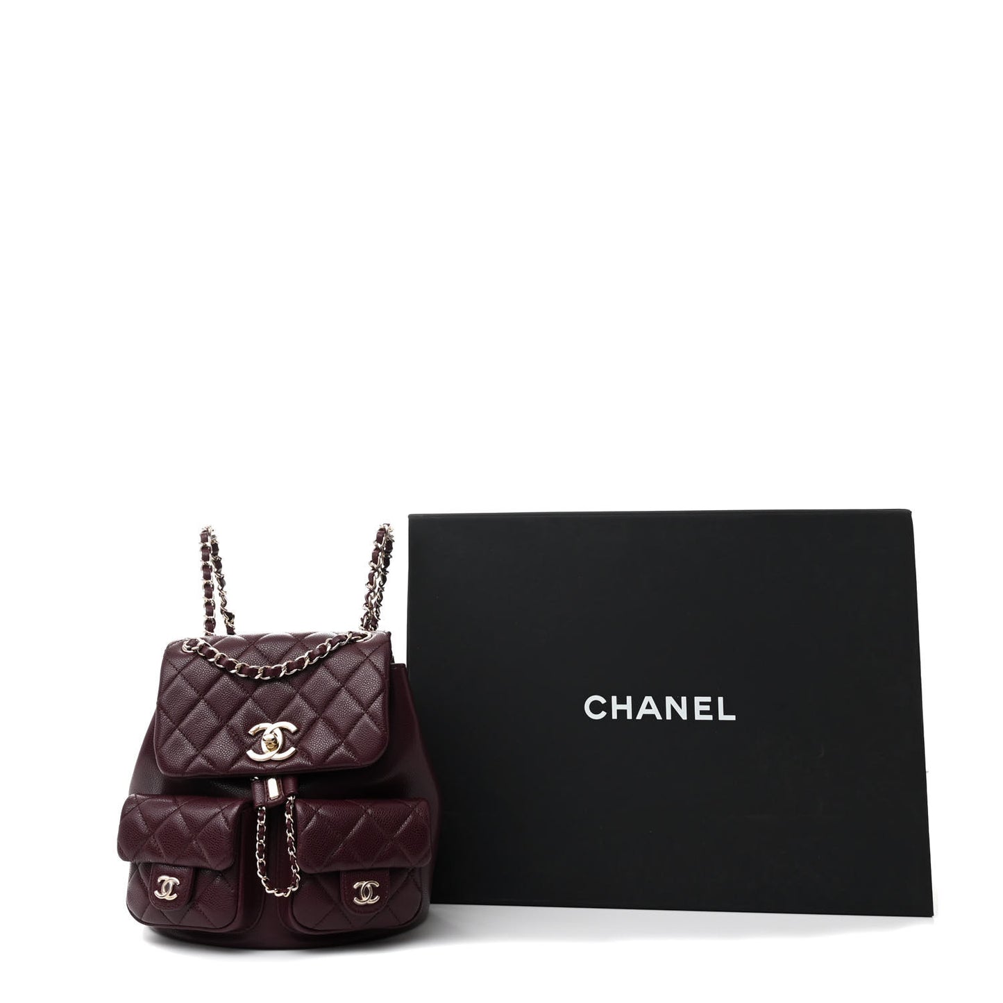 Shiny Caviar Quilted Medium Duma Pockets Drawstring Backpack Dark Burgundy