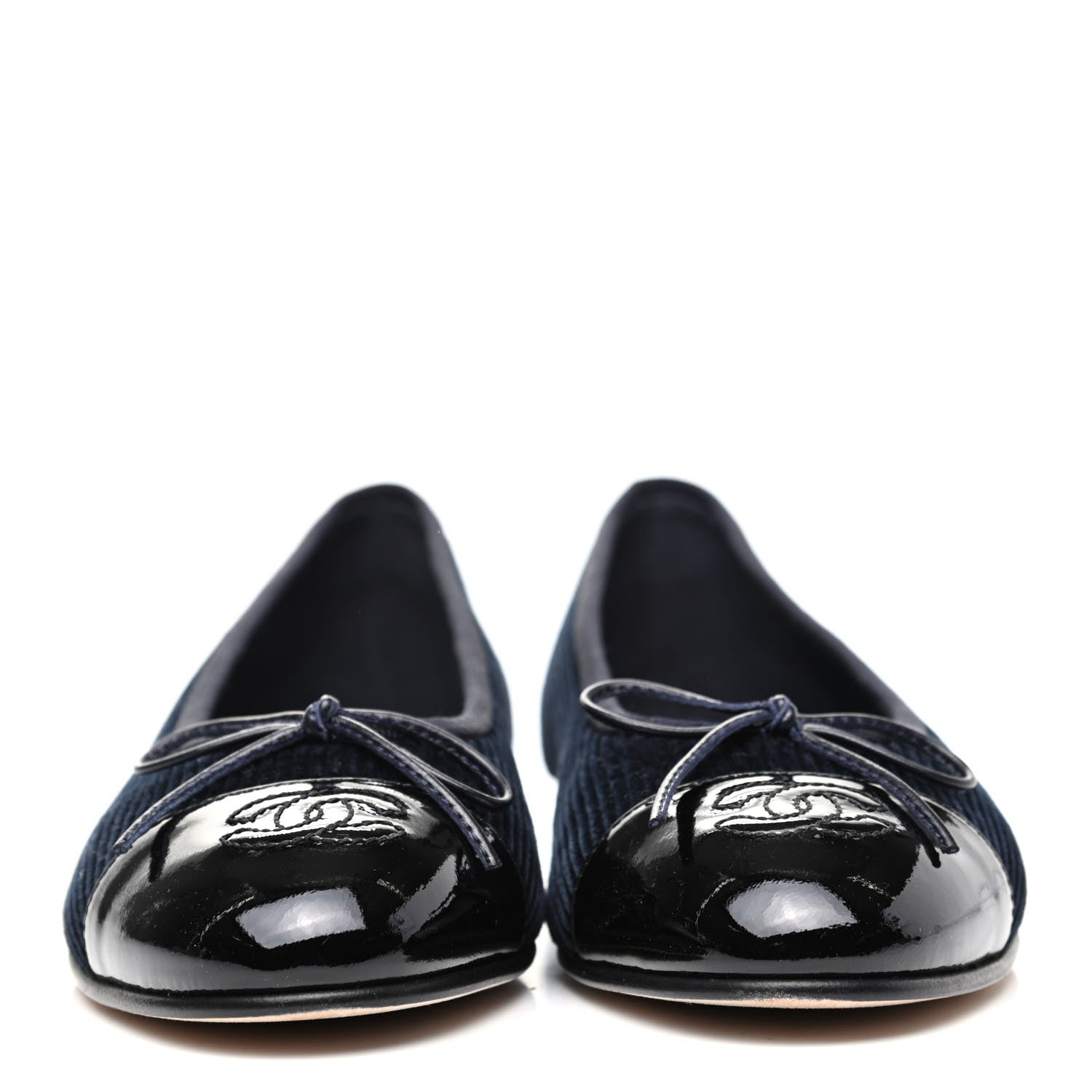 Chanel Corduroy Patent Cap Toe CC Ballerina Flats 36.5 Navy Black 2 of 9