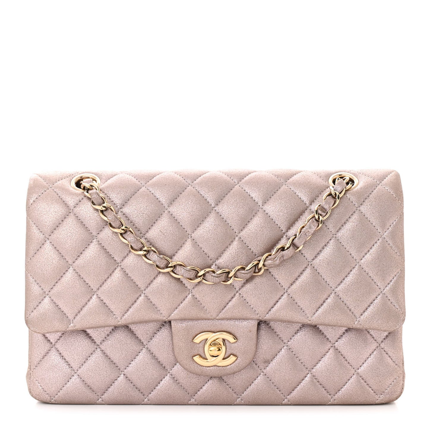 Iridescent Calfskin Quilted Medium Double Flap Light Pink