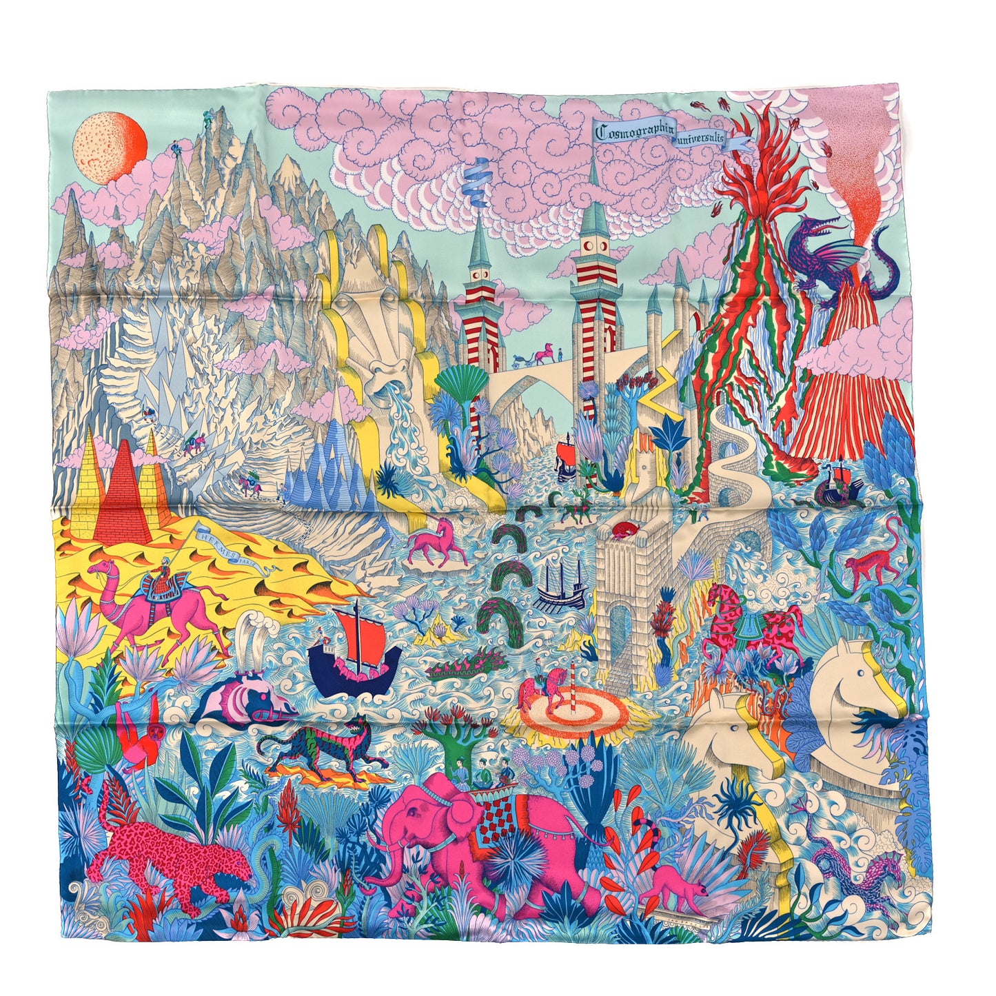 Silk Cosmographia Universalis Scarf 90 Turquoise Jaune Rose