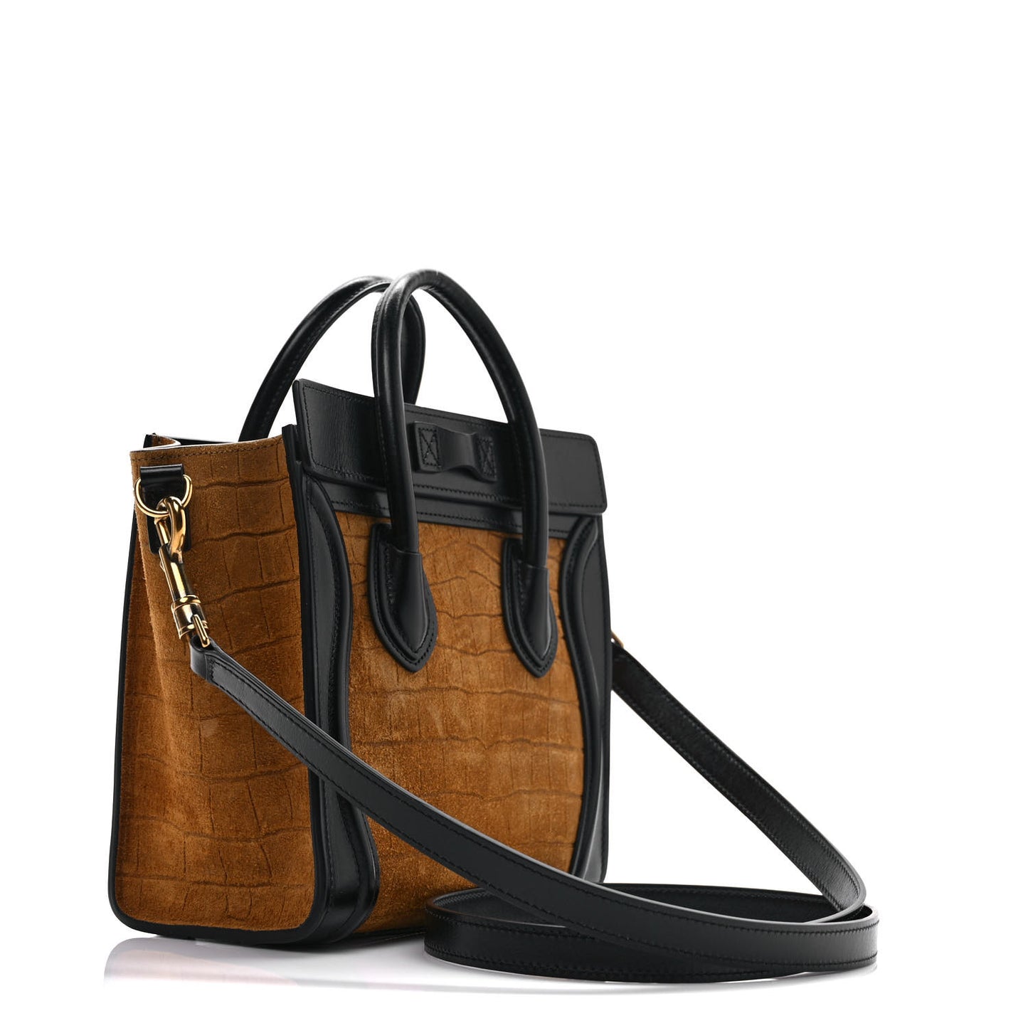 Crocodile Embossed Nubuck Smooth Calfskin Bi-Color Nano Luggage Havana Black