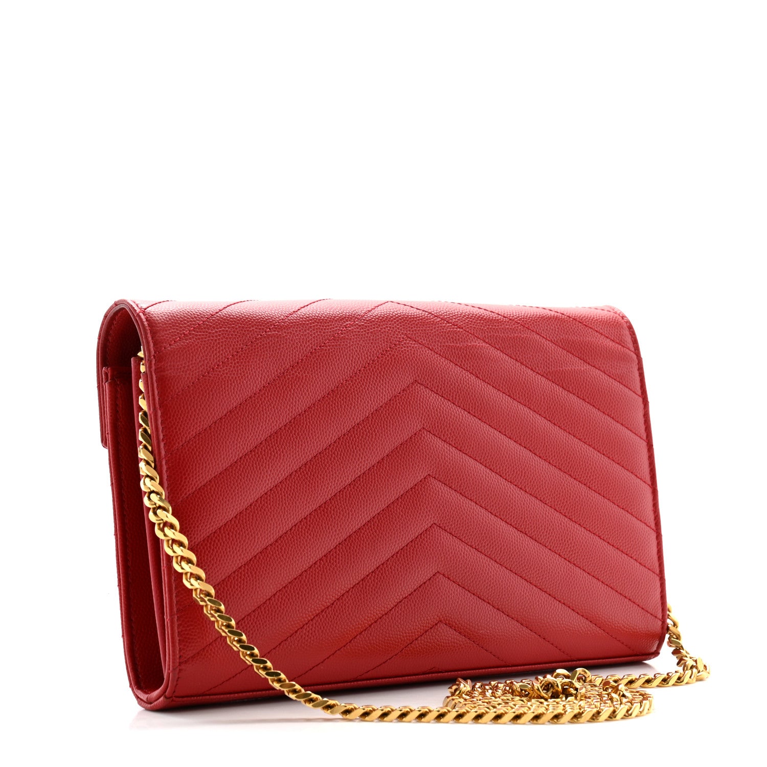 Saint Laurent Grain De Poudre Matelasse Chevron Monogram Chain Wallet Red 3 of 14