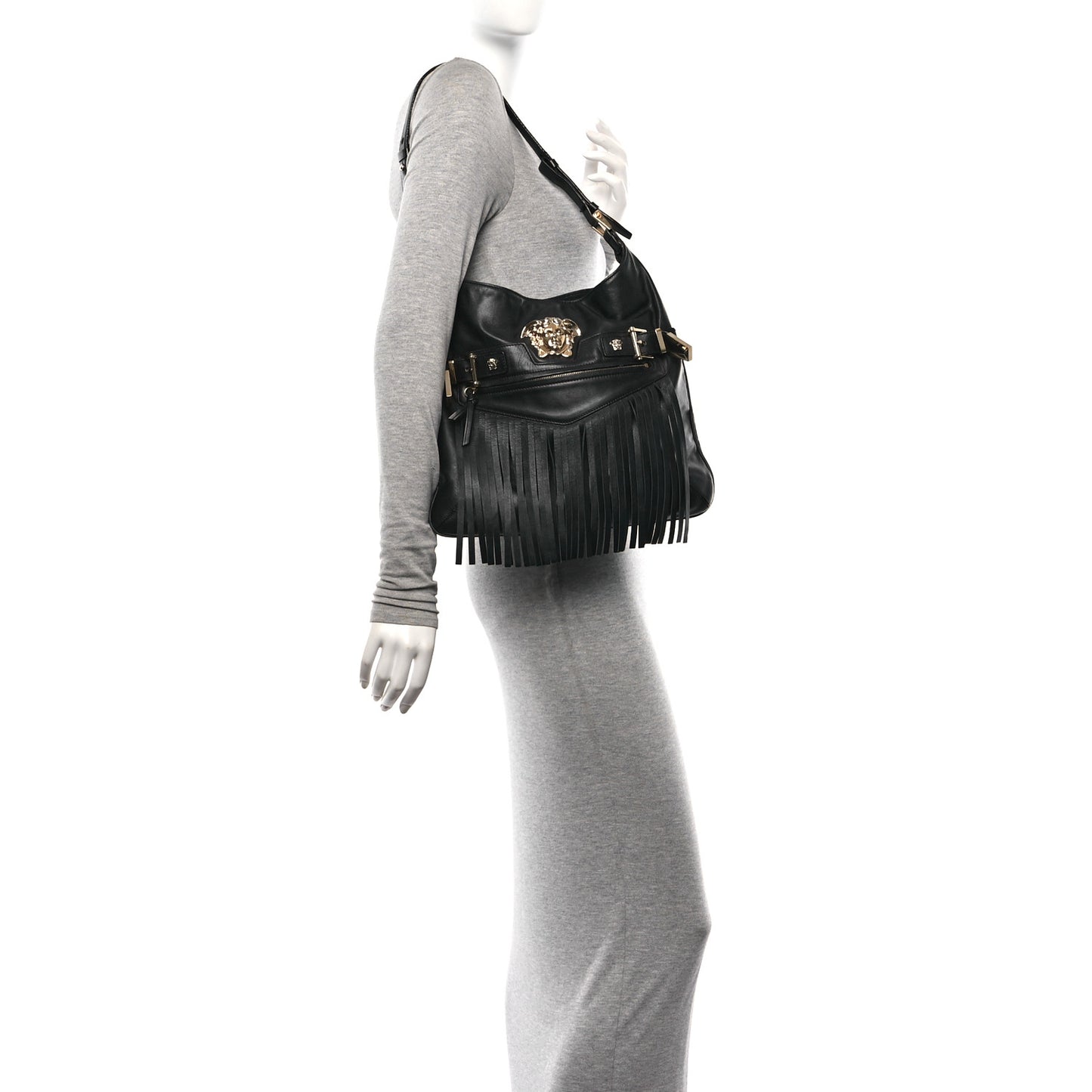 Calfskin Palazzo Fringe Shoulder Bag Black