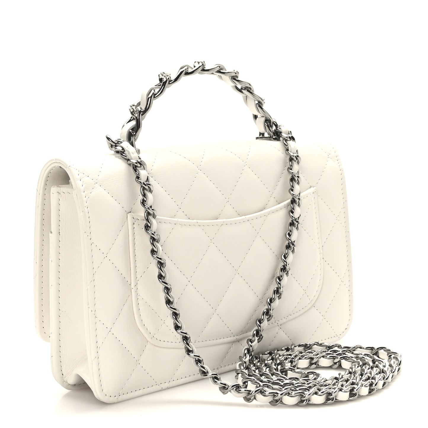 Shiny Crumpled Calfskin Strass Quilted Top Handle Clutch With Chain White