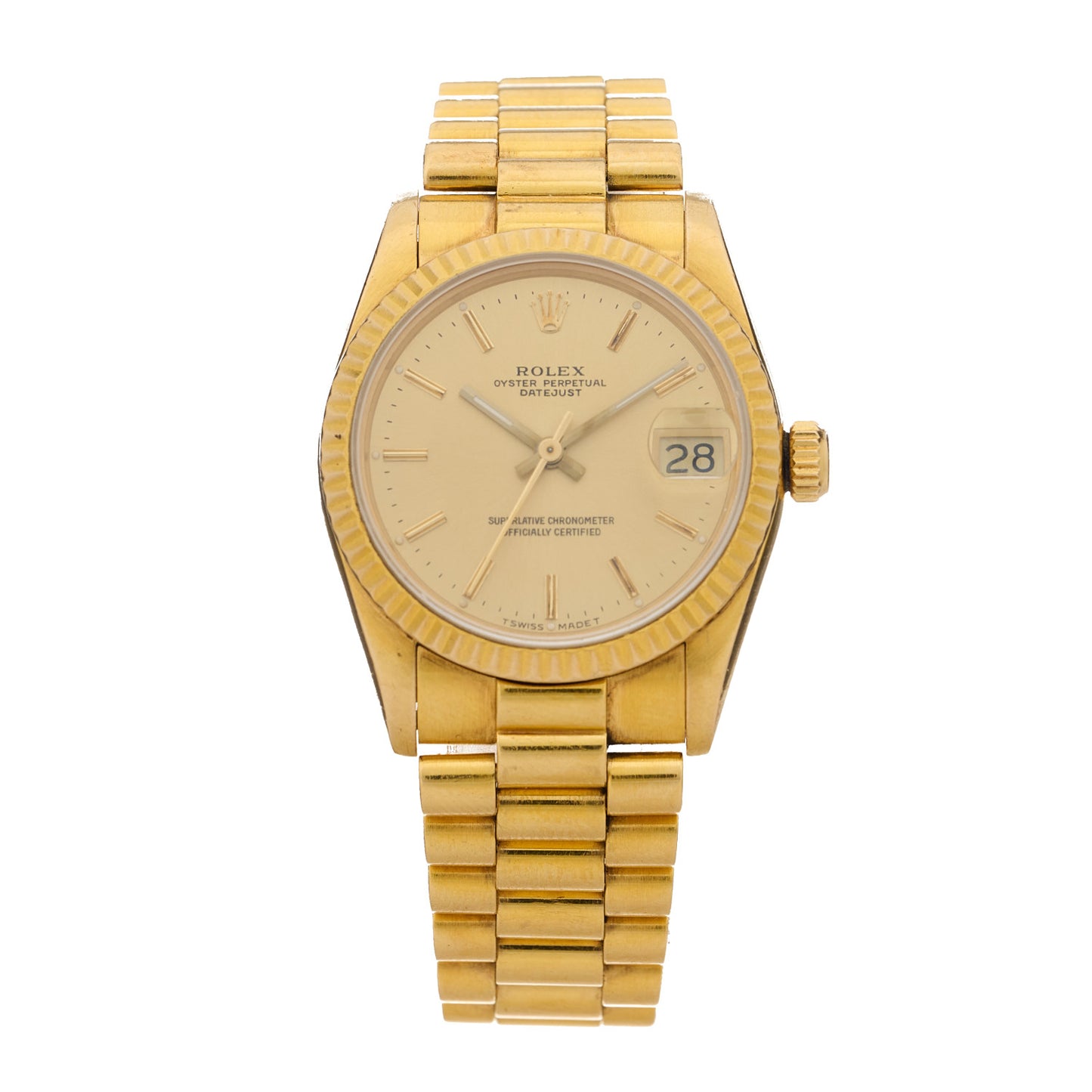 18K Yellow Gold 31mm Oyster Perpetual Datejust President Watch Champagne 68278