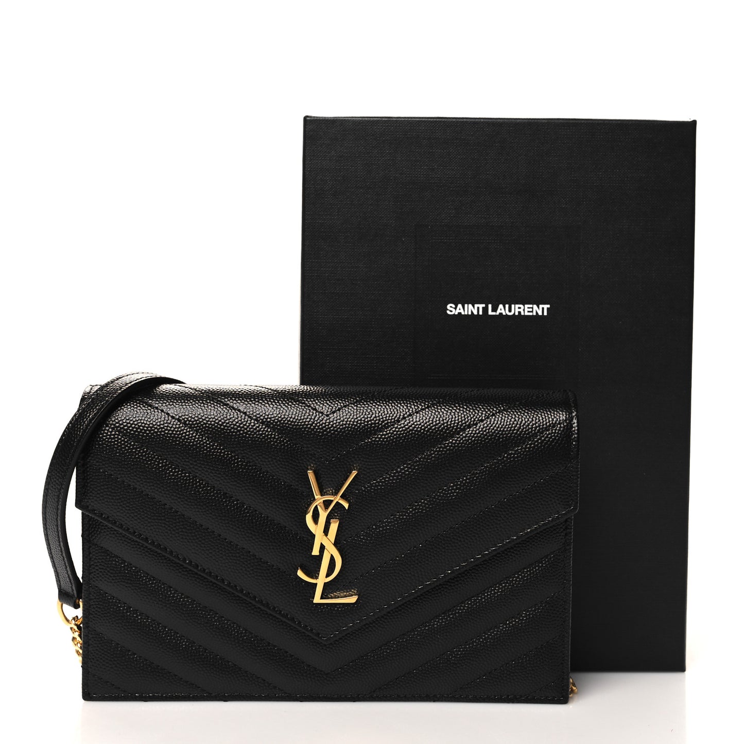 Grain De Poudre Matelasse Chevron Monogram Envelope Chain Wallet Black