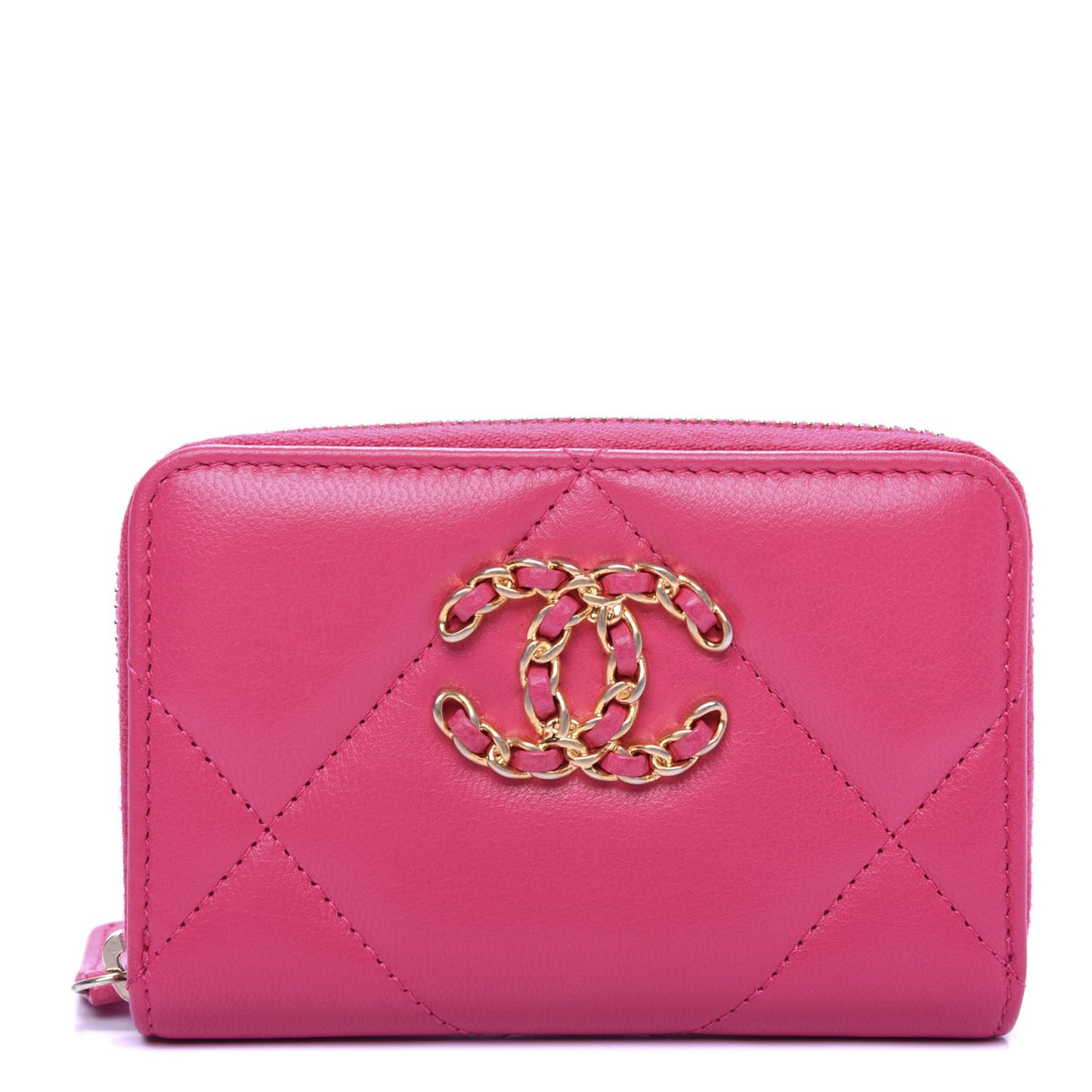Shiny Goatskin Quilted 19 Zip Around Coin Purse Wallet Dark Pink