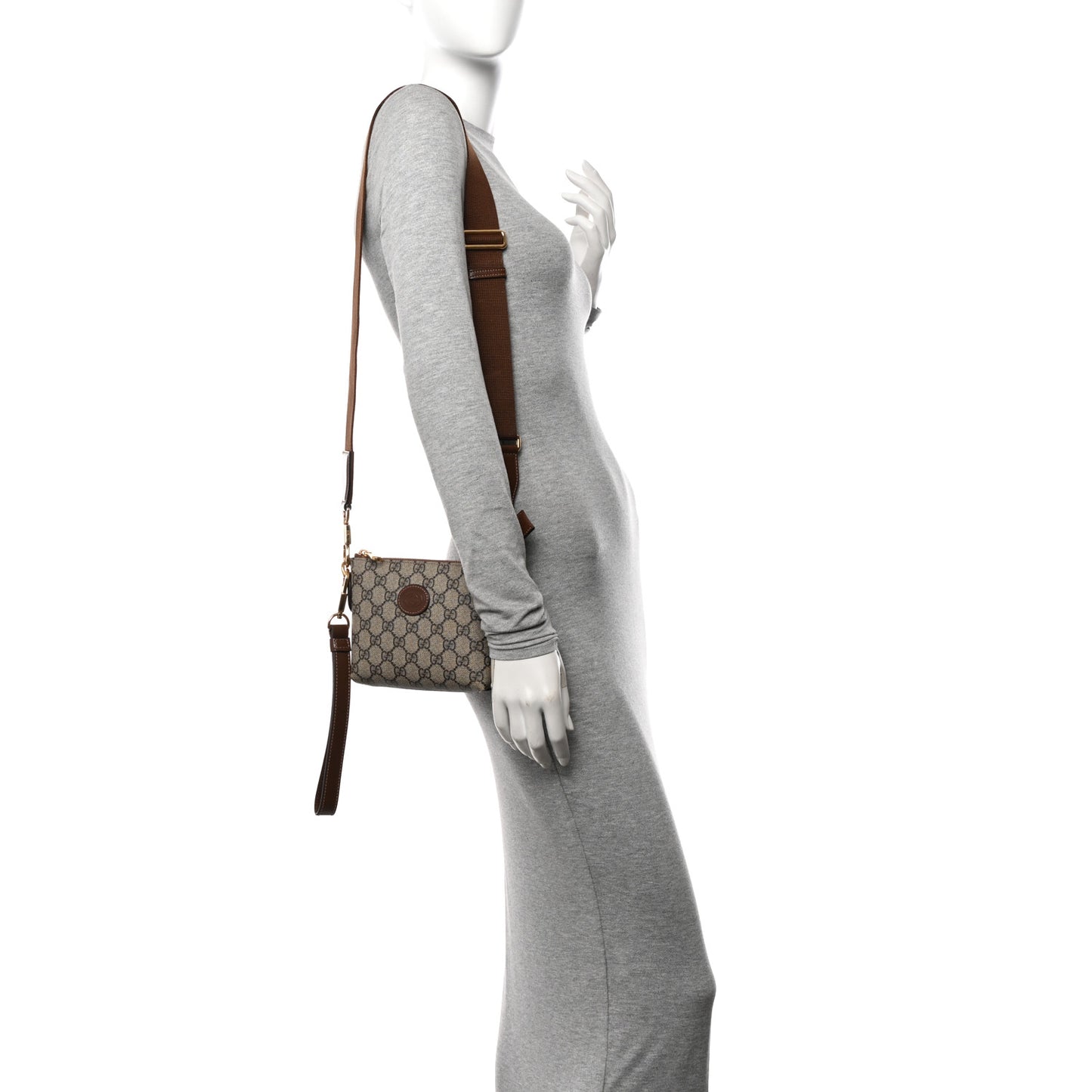 GG Supreme Monogram Azalea Calfskin Small Retro Interlocking G Wristlet Messenger Bag Beige Ebony Brown Sugar